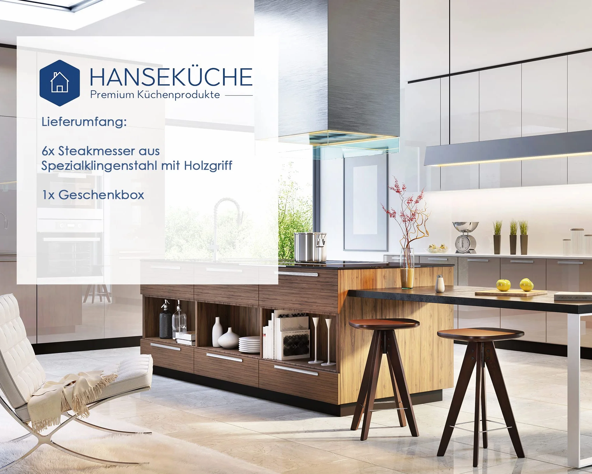 Hanseküche Zestaw noży do steków – 6 wysokiej jakości noży do steków z drewnianym uchwytem – elegancki zestaw sztućców ze specjalnej stali nierdzewnej ze szlifem falistym i pudełkiem na prezent
