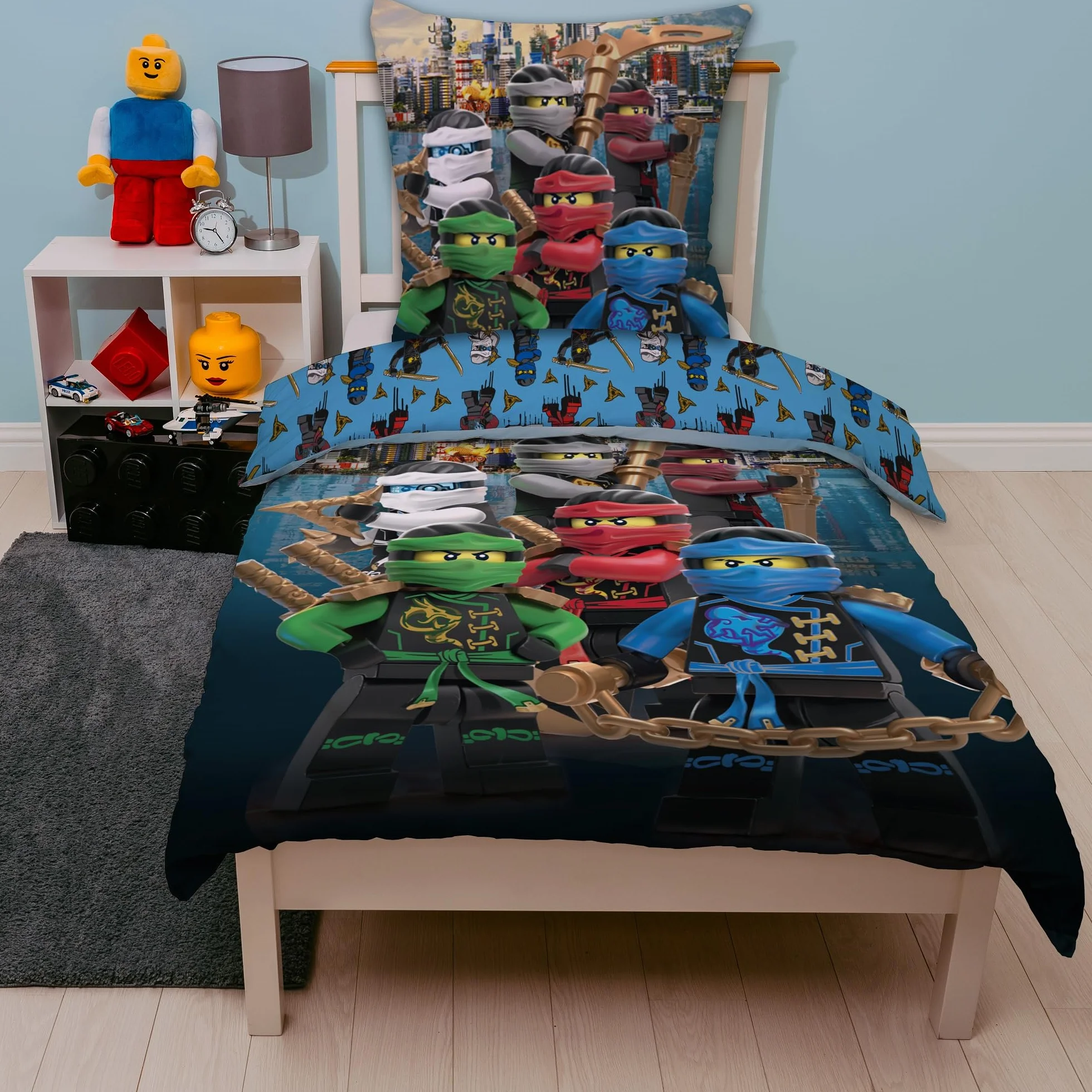 Lego Ninjago komplet pościeli dla chłopców 135x200 80x80 cm 100% bawełny zamek błyskawiczny motyw Assemble