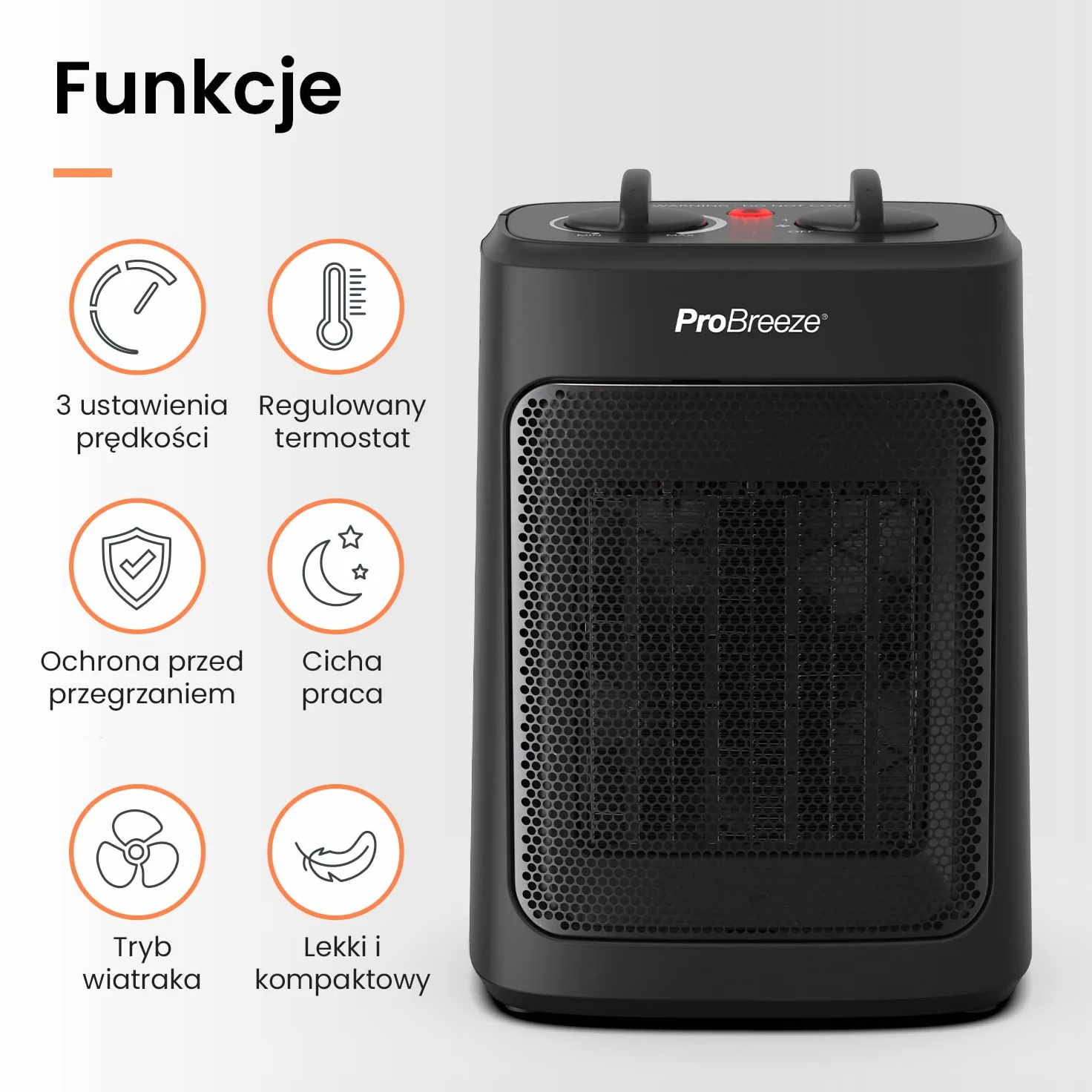 ProBreeze Grzejnik Ceramiczny 2000W Przenośny Termowentylator z Termostatem Czarny