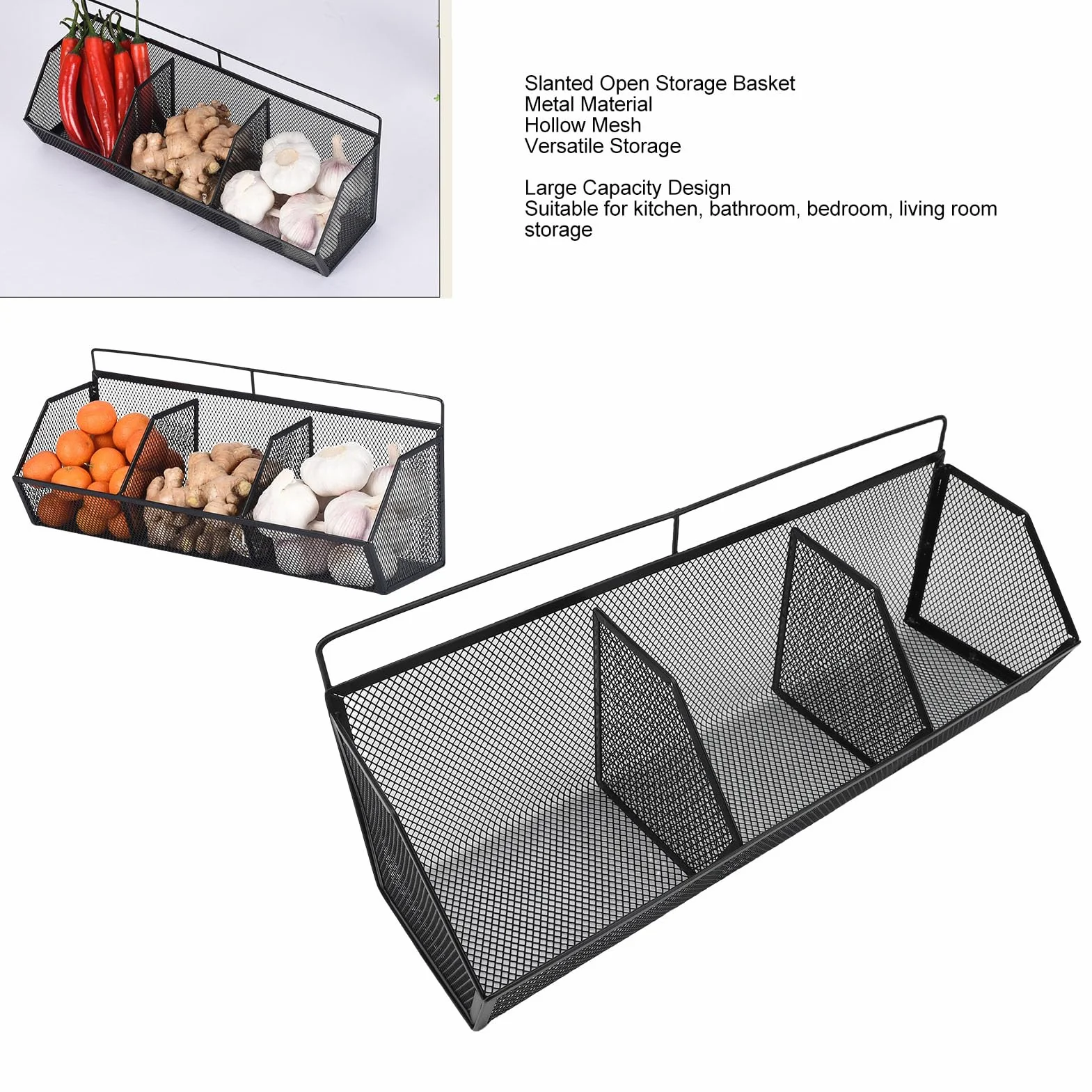Fockety Kosz ścienny z haczykami samoprzylepnymi, 3 kratki, metalowy druciany organizer kuchenny (BLACK)