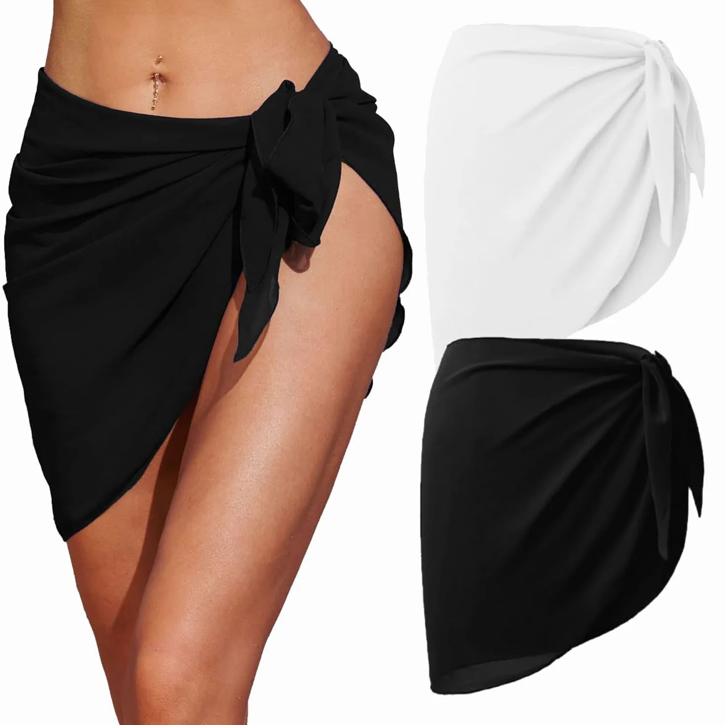2 damskie nakrycie plażowe, sarong pareo, krótki szyfon, na lato, czarny i biały, 50 x 140 cm, czarny i biały, m