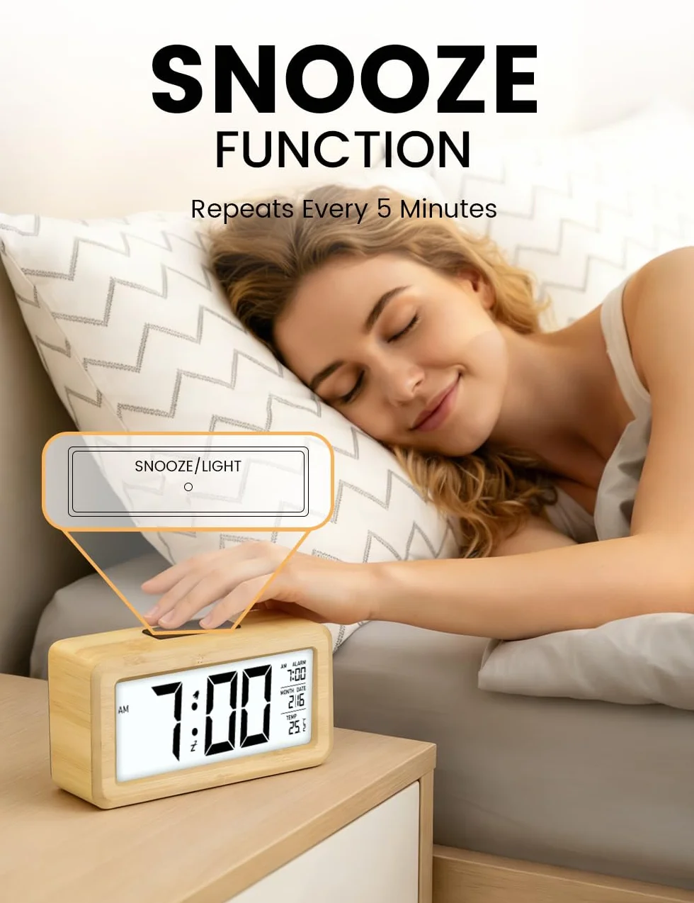 aboveClock Cyfrowy Budzik Z Drewna Duży Wyświetlacz Temperatury Zegar Stołowy Funkcja Drzemki Regulowana Jasność Bambus
