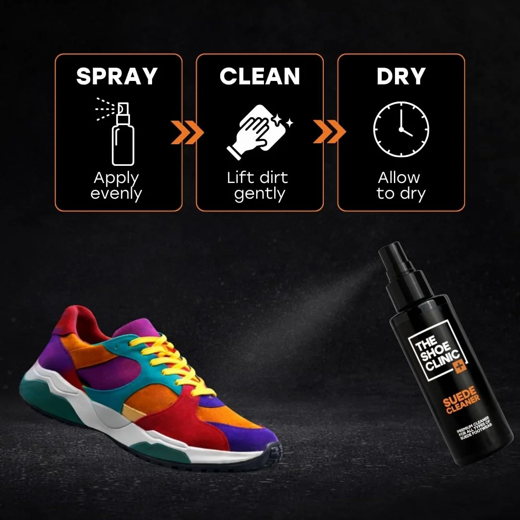 Zestaw szczotek do czyszczenia zamszu Shoe Clinic | Zestaw do czyszczenia butów ze szczotką do zamszu i środkiem czyszczącym do butów zamszowych 125 ml w sprayu do butów, trampek i obuwia