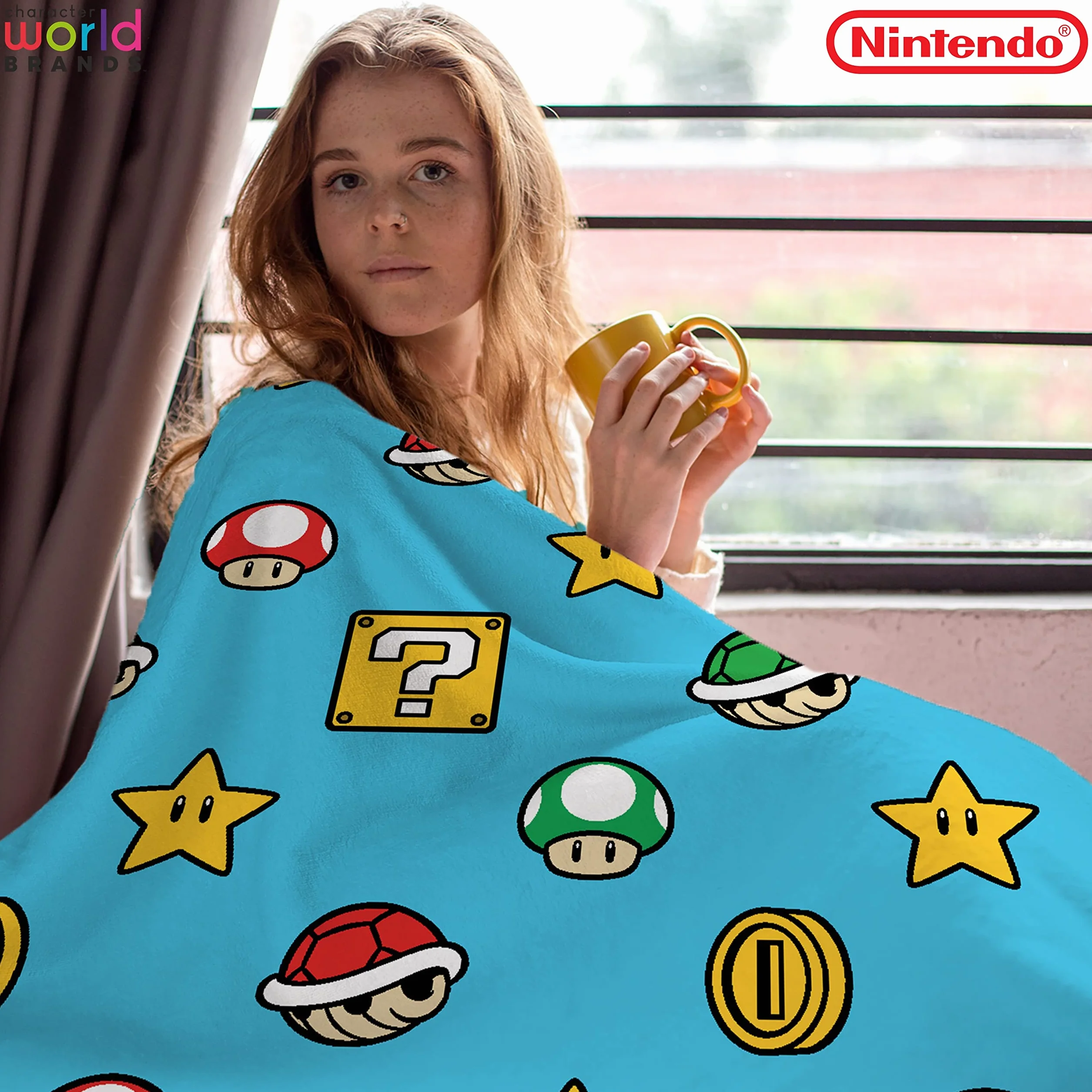 Character World Nintendo oficjalnie licencjonowany koc polarowy Super Mario, super miękka, ciepła narzuta, kontynuacja gier, idealny do sypialni, na kemping i nocowanie
