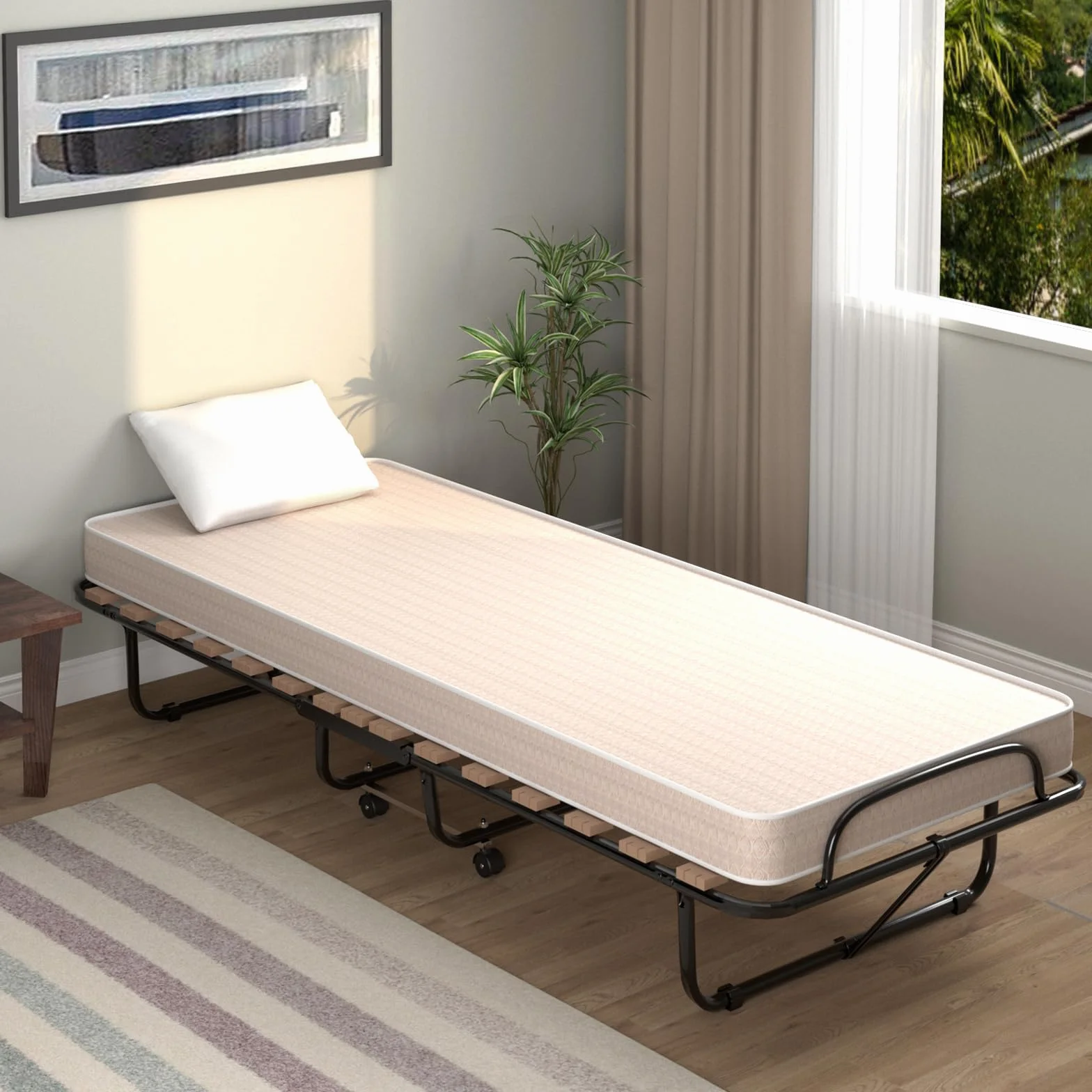 COSTWAY Łóżko dla gości 80x190 cm składane z materacem piankowym memory metalowe do 130 kg na kółkach beżowe