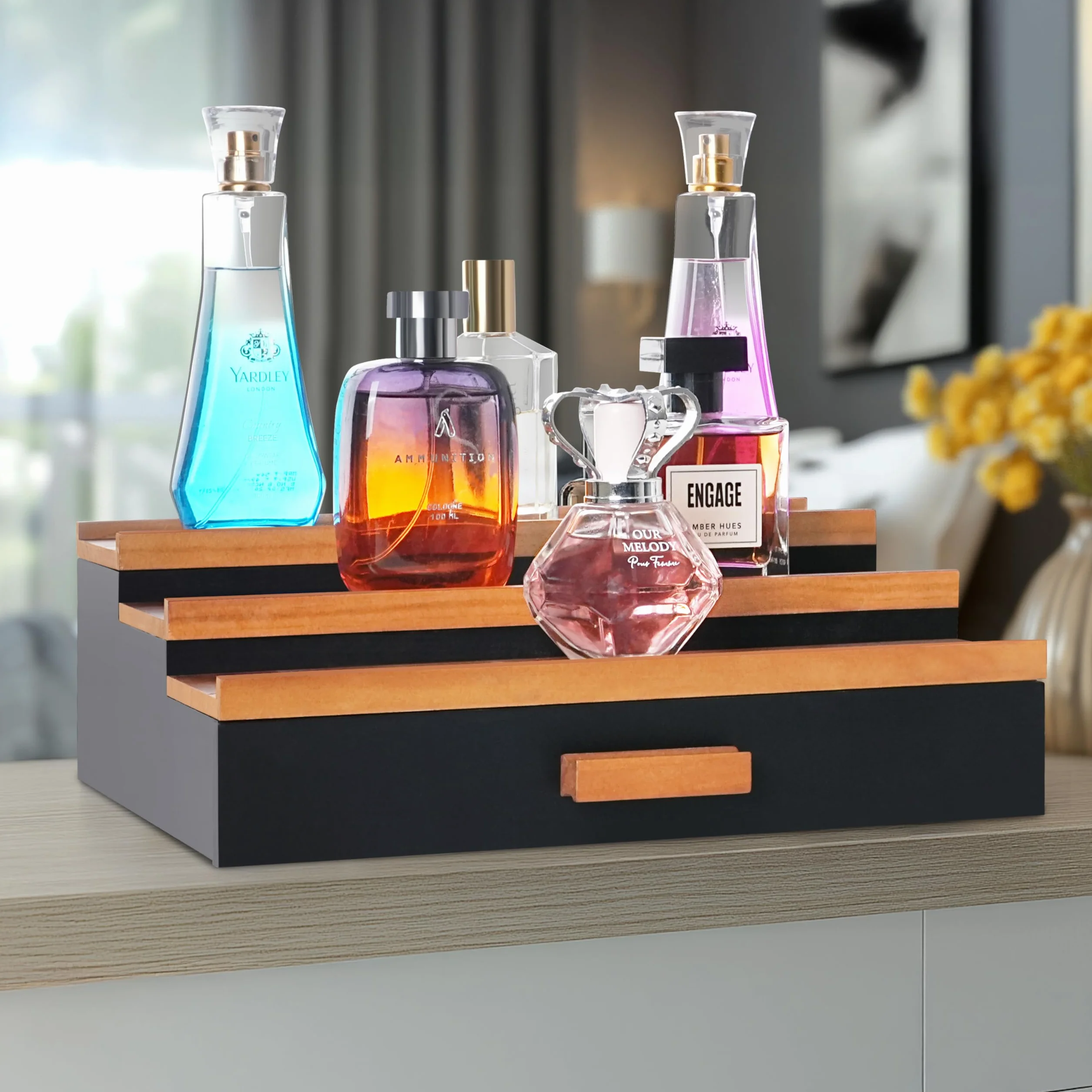 Winter Shore Drewniana półka ekspozycyjna z szufladą stojak na perfumy 3-poziomowy organizer