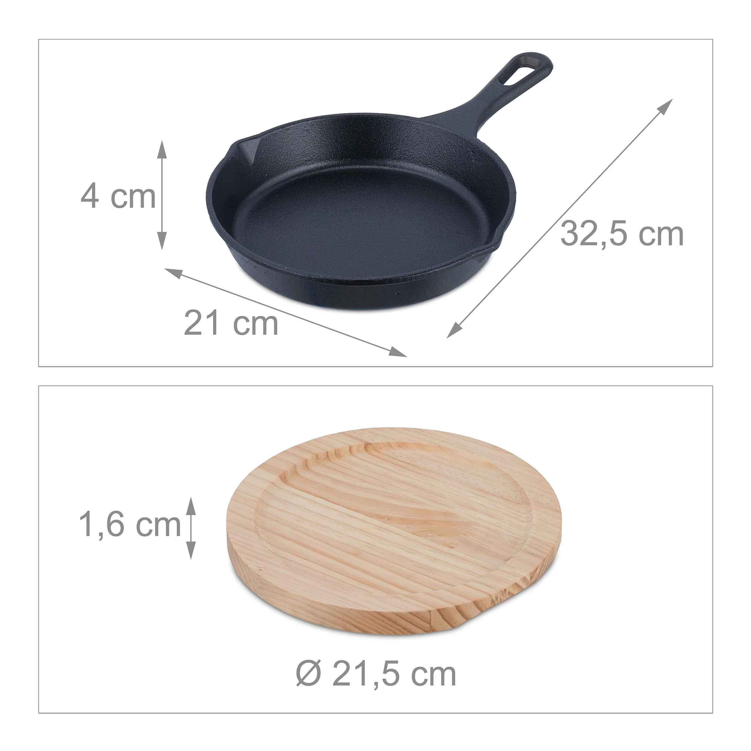 Relaxdays Patelnia żeliwna 20 cm z drewnianą podstawką antracytowa
