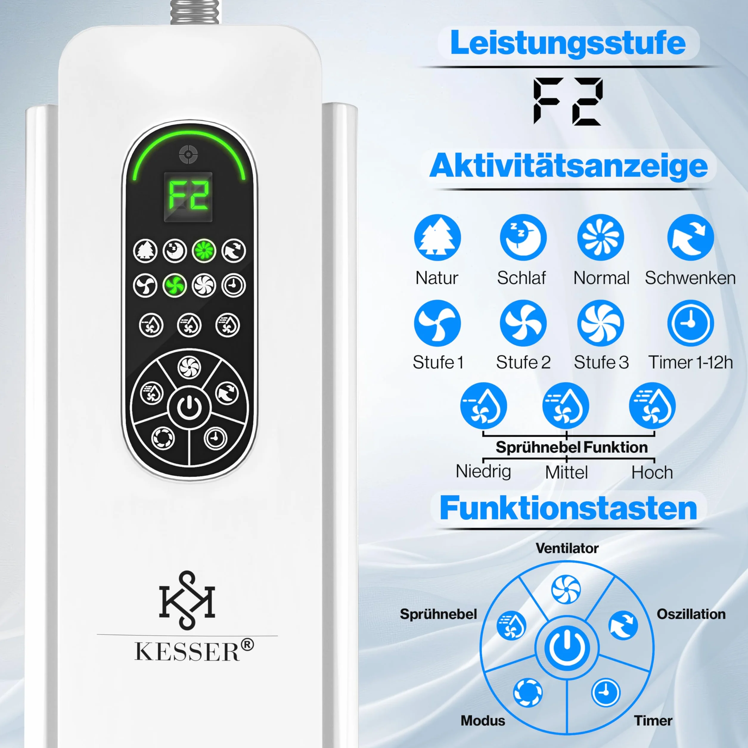 KESSER Frosty wentylator stojący z wodą ultradźwiękowy nawilżacz powietrza z pilotem i timerem
