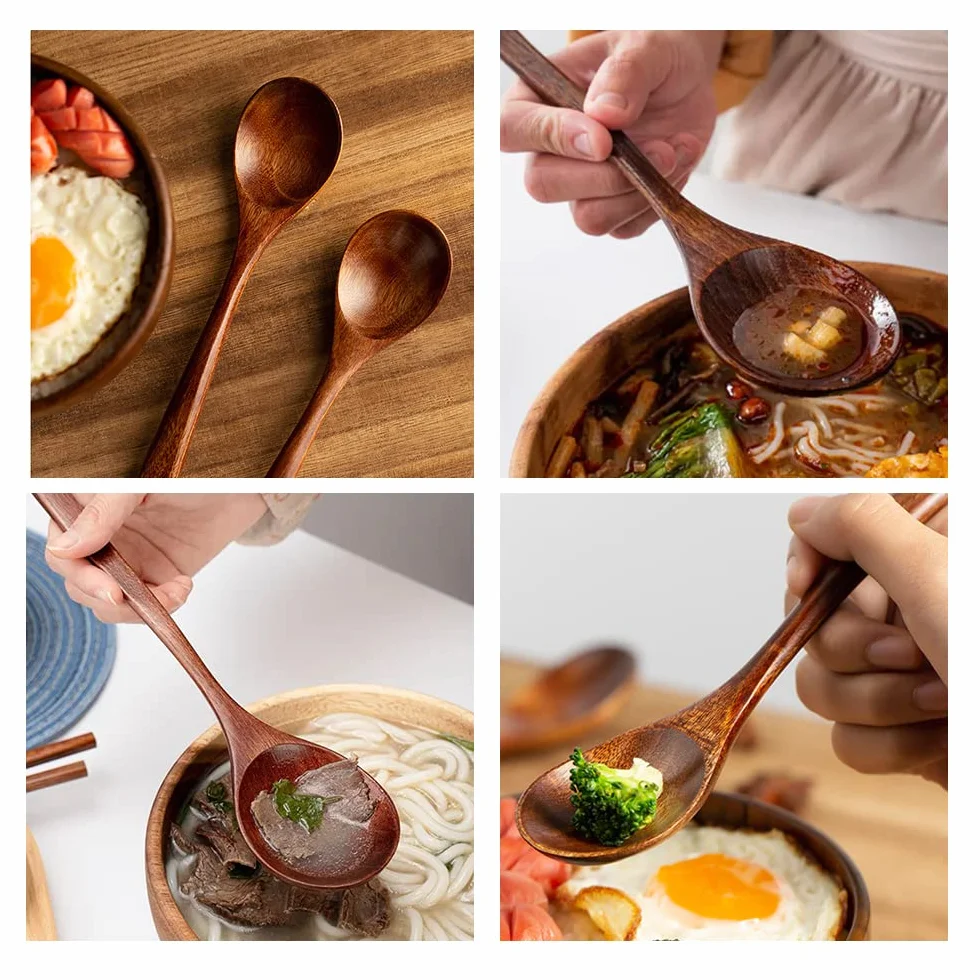Długa duża drewniana łyżka 20 cm, łyżka ramen z trzonkiem, 2 sztuki chochla do zupy z drewna, łyżka stołowa z drewna, łyżka do zupy, łyżka do ziarna i soli do jedzenia, mieszania, drewniane łyżki do