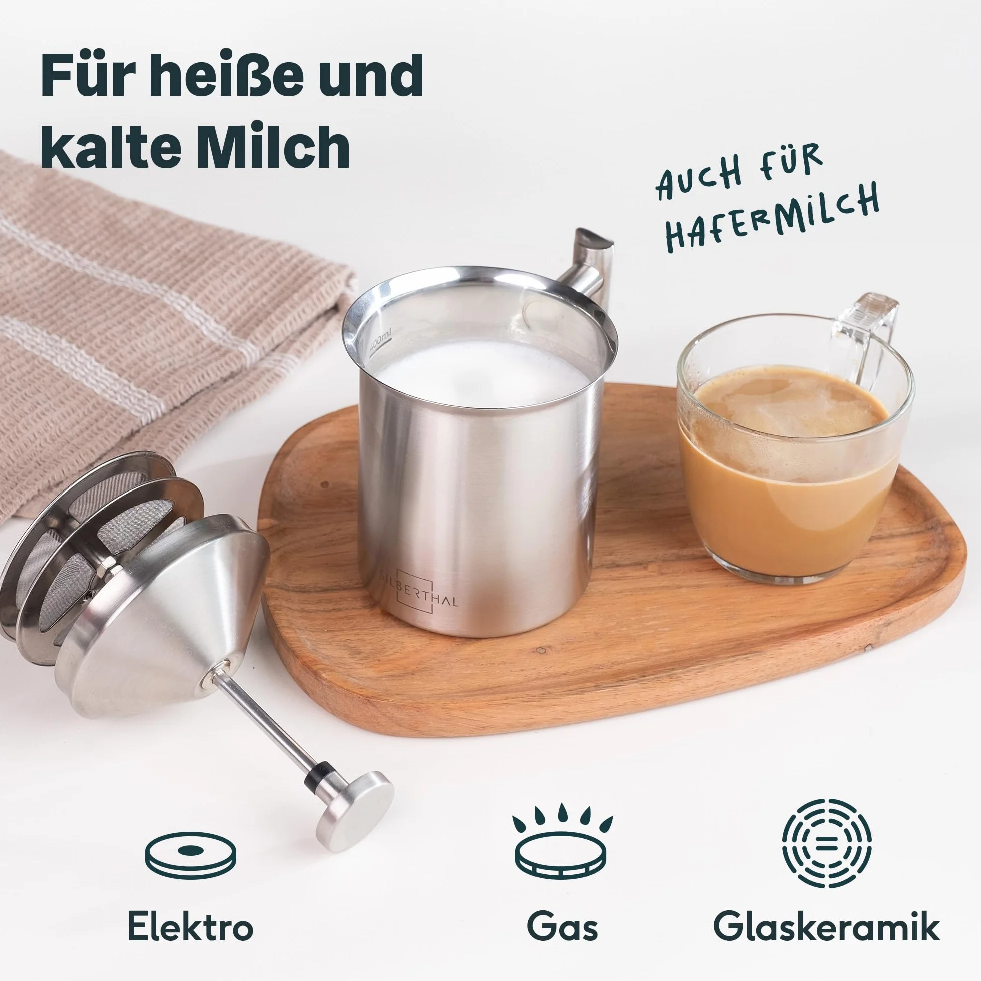 SILBERTHAL Ręczny spieniacz do mleka ze stali nierdzewnej 400 ml - z podziałką skalą - Emulgator Barista Idealna pianka do mleka Cappuccino i Latte Macchiato
