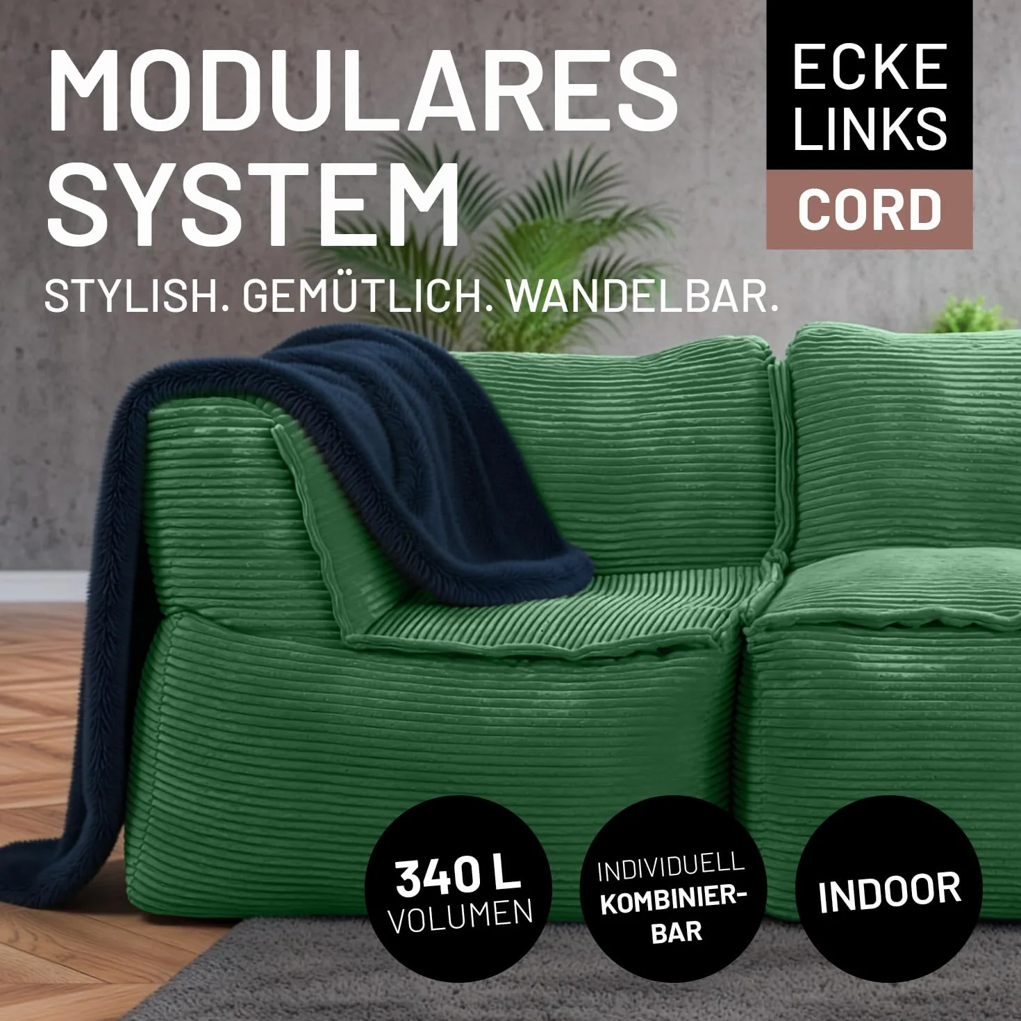 Lumaland Modułowy worek do siedzenia narożny Cord 340 l, do sofy modułowej, idealne dopasowanie do fotela i pufy, z perłami EPS z wypełnieniem, do użytku wewnątrz i na zewnątrz, poduszka do siedzenia