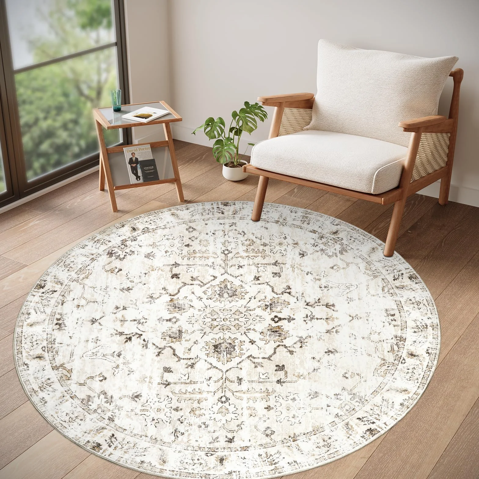 Okrągły dywan w stylu vintage 120 cm beżowy antypoślizgowy zmywalny do salonu