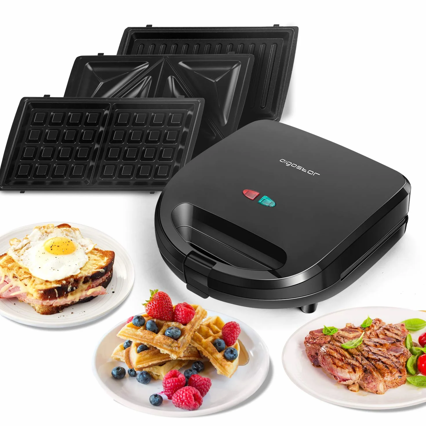 Aigostar - Opiekacz do kanapek 3 w 1, 750 W, 3 Zdejmowane płyty grillowe, Grill kontaktowy, Gofrownica, Nieprzywierająca powłoka, Można myć w zmywarce, Trójkątny, Pionowe przechowywanie, Czarny