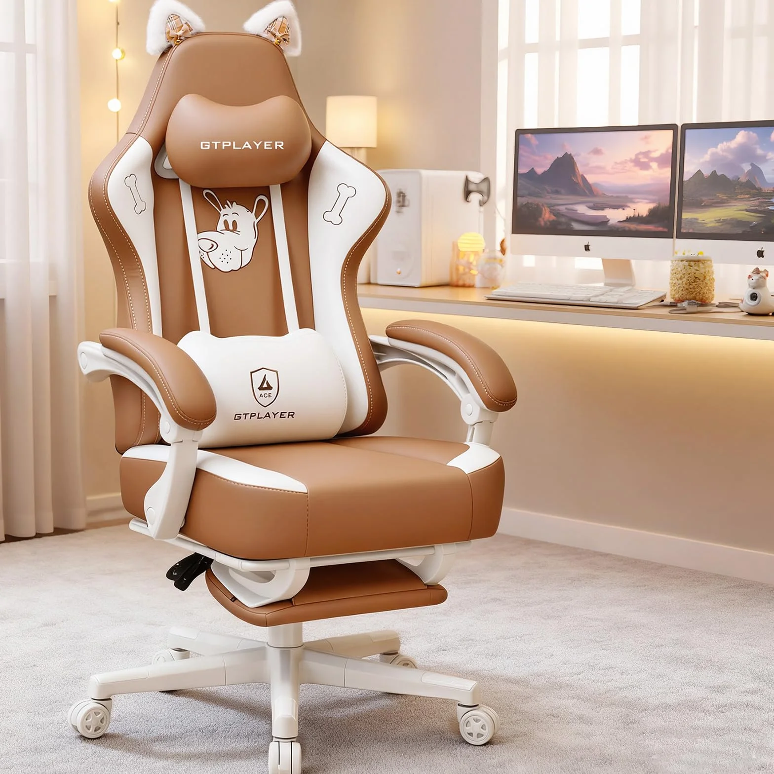 GTPLAYER Urocze krzesło gamingowe, ergonomiczne krzesło biurowe dla graczy z kocimi uszami, pianka memory i podnóżek, 150 kg, sztuczna skóra, brązowe