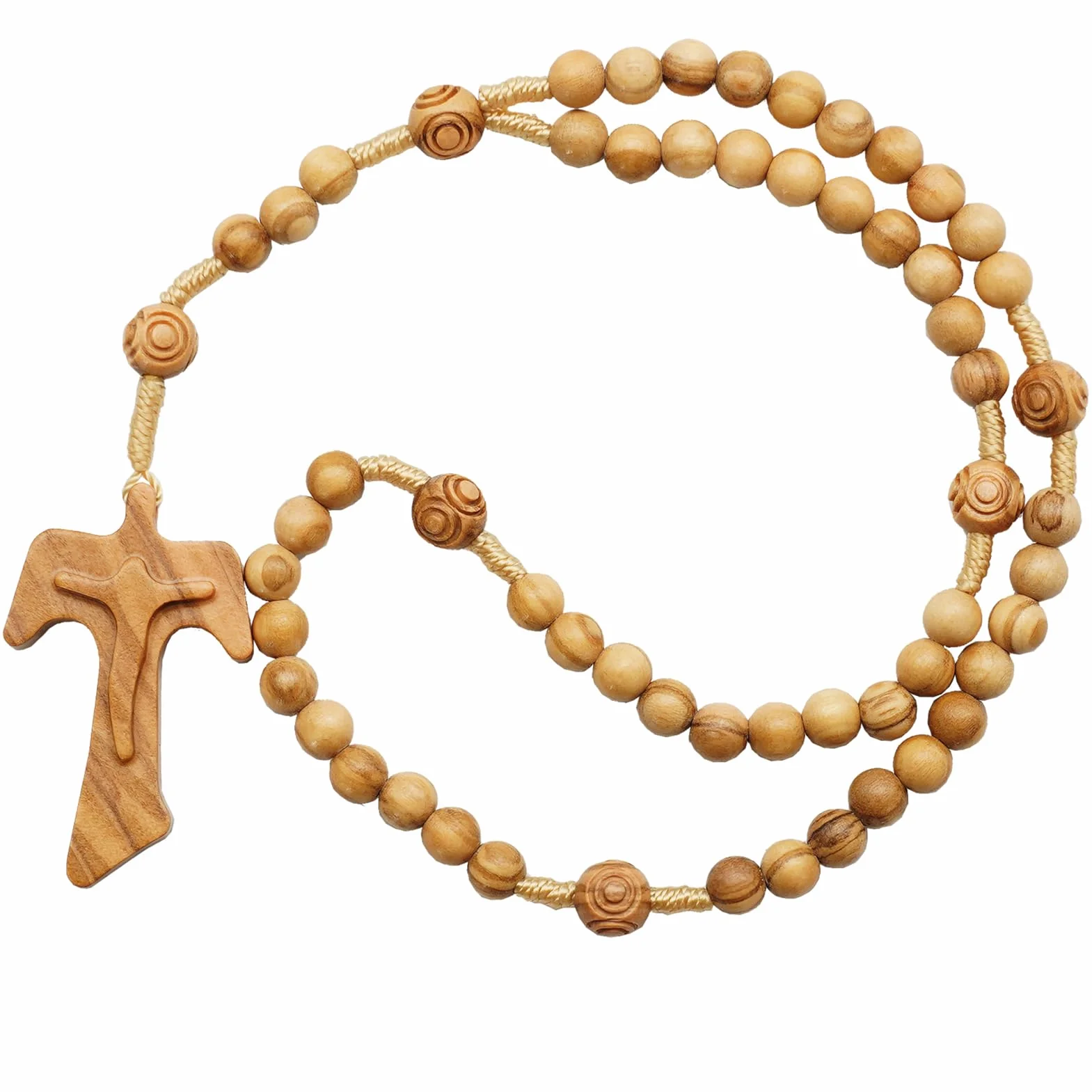 Różaniec z drewna oliwnego z wisiorkiem w kształcie krzyża tau, katolicki naszyjnik z koralików modlitewnych | Rzeźbione drewniane koraliki, wiązany sznurek, religijne oddanie chrzest bierzmowanie prezent