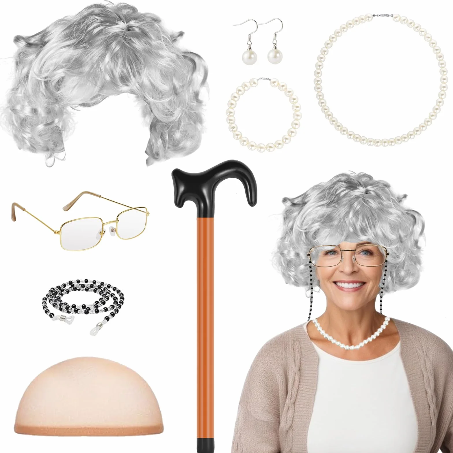 7 kostiumów babci, starej kobiety, z peruką, kolczyki, naszyjnik, bransoletka, dzbanki, na Halloween, występy, karnawał, cosplay