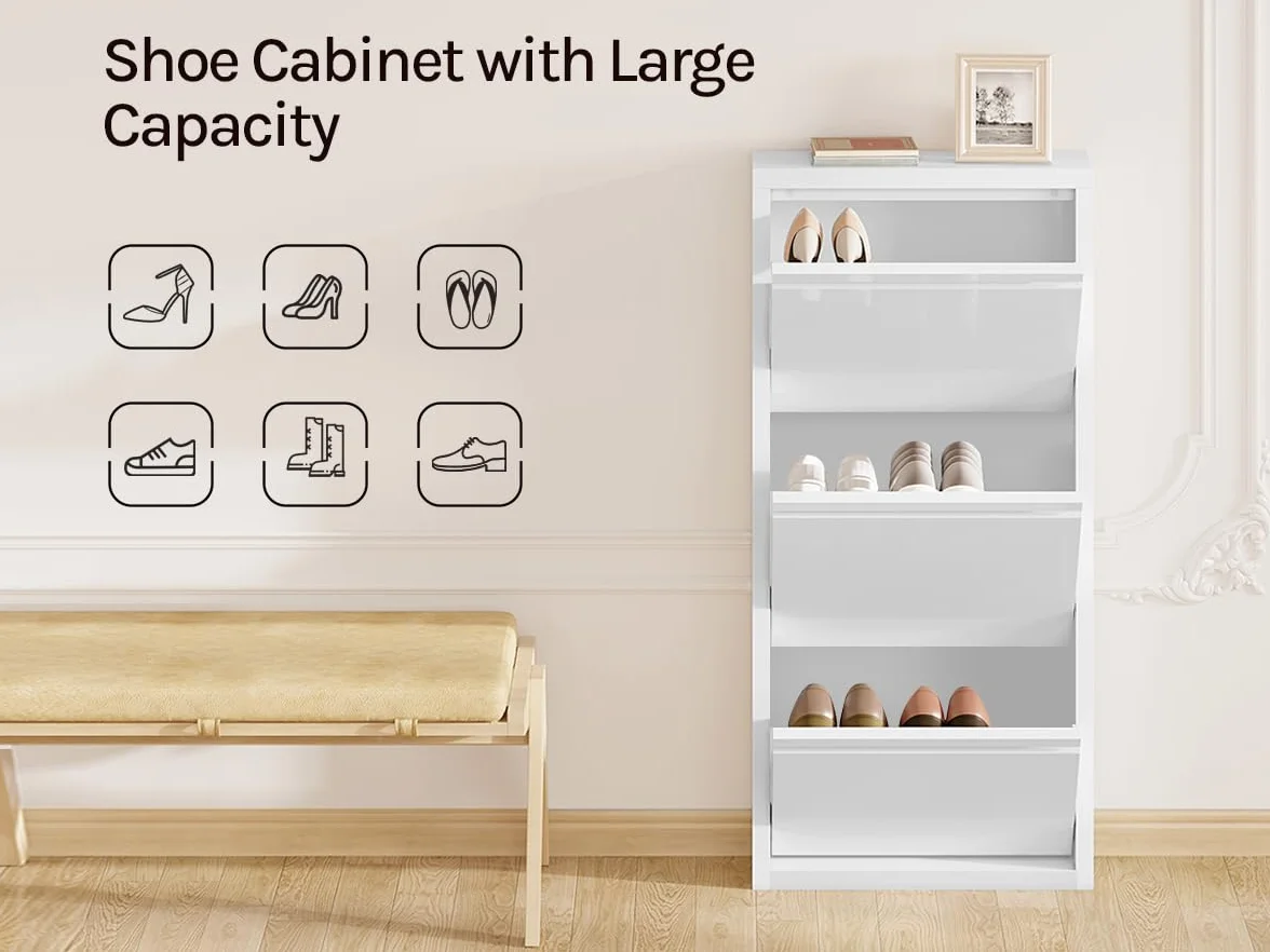 WOLTU SRX41ws szafka na buty z 3 klapkami zamykana wąska metalowa 50x106x15 cm biała