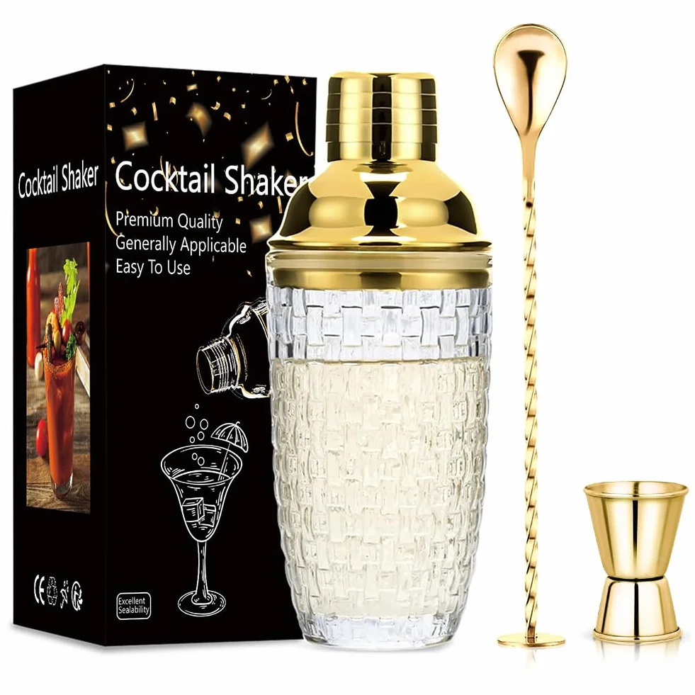 Szklany shaker do koktajli 400 ml 3 sztuki szczelny mikser z pokrywką ze stali nierdzewnej złoty