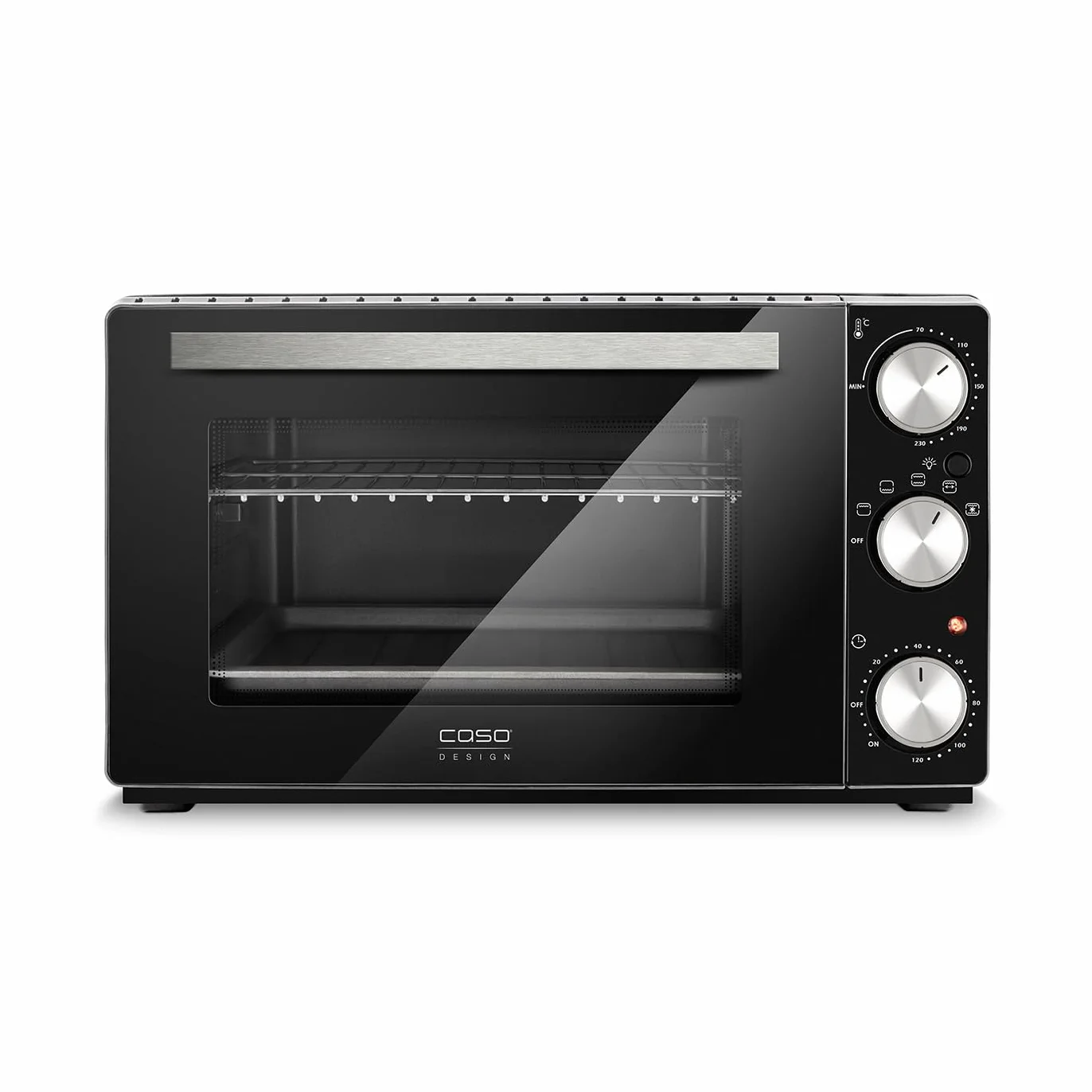 CASO TO 26 Classic – designerski piekarnik, pojemność 26 l, 3 wkładki, 70-230 °C, w zestawie kamień do pizzy, 5-stopniowa funkcja: gorące powietrze, obrotowy rożen z silnikiem, grzałka górna, grzałka