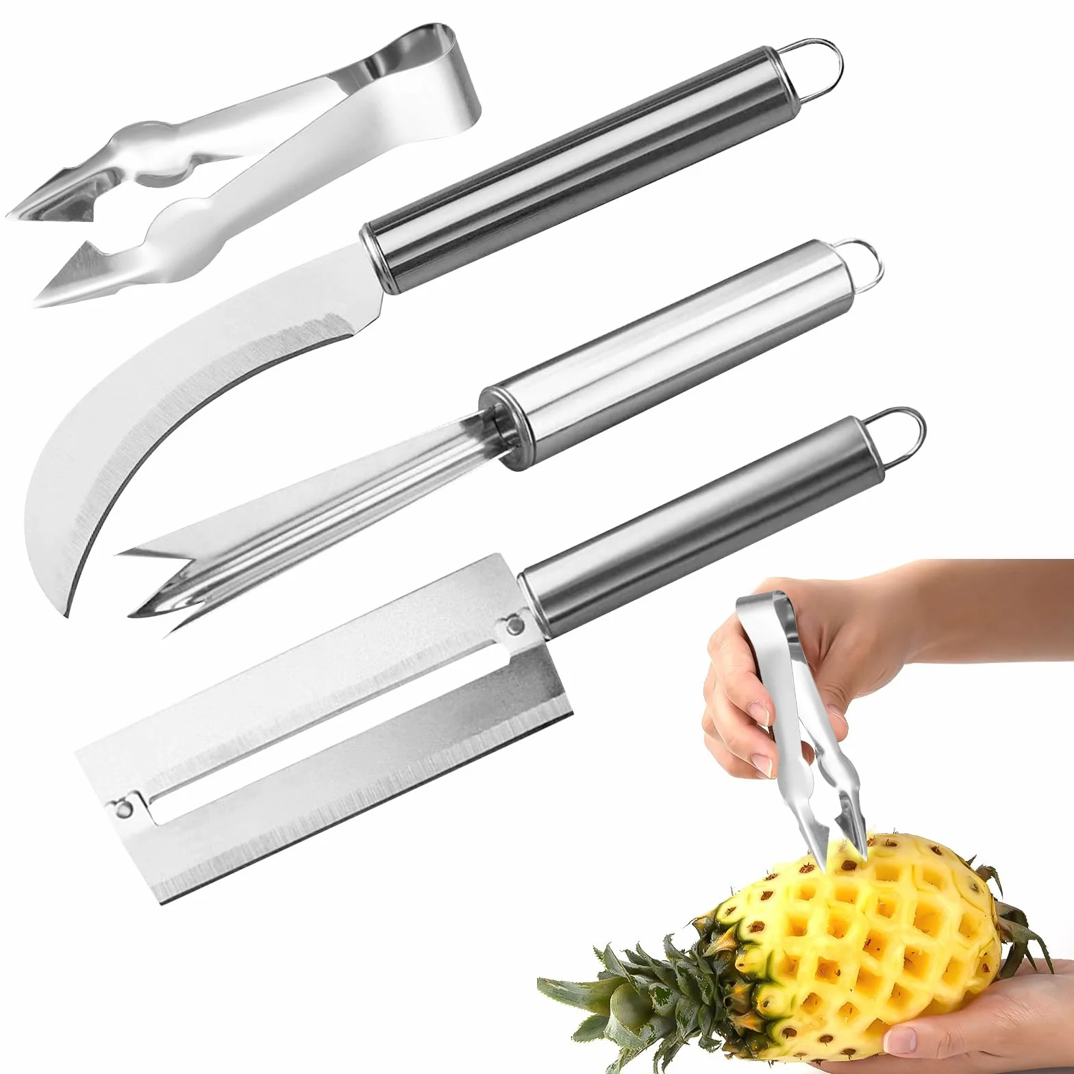 Obieraczka do ananasa, stal nierdzewna, nóż do ananasa, nóż do trzciny cukrowej, klamra do usuwania pestek i widelca ananasowego, narzędzie do domu, ostre ostrze do ananasa, trzciny cukrowej i innych