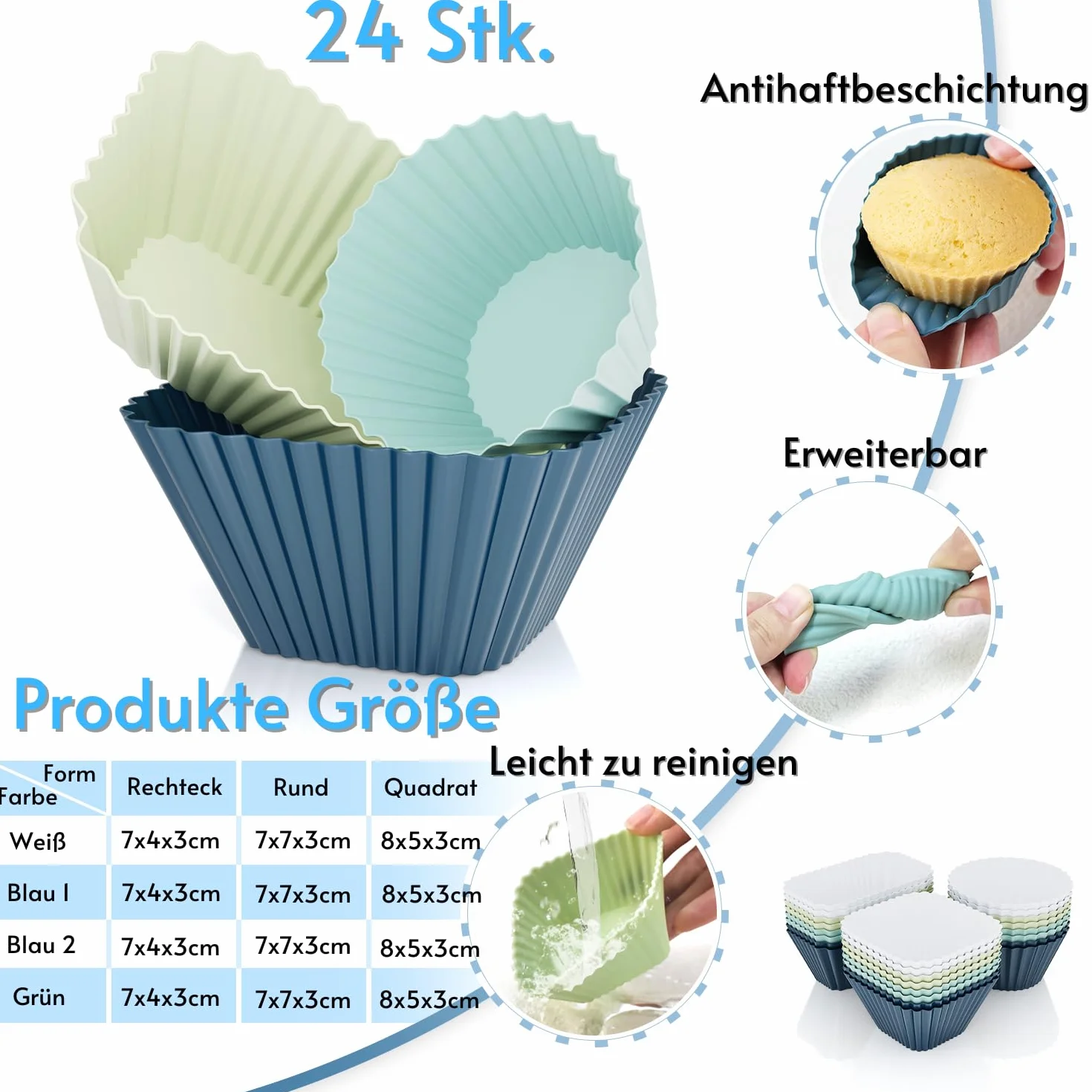 Silikonowe foremki do muffinek 24 sztuki, prostokątne kwadratowe okrągłe