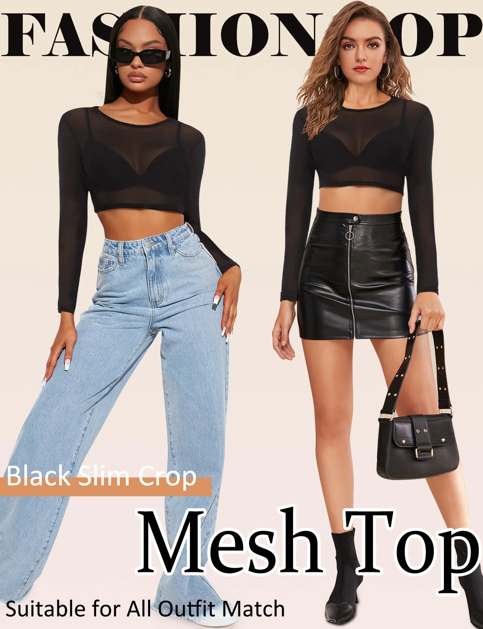 Kiiwah Damskie przezroczyste topy z długim rękawem seksowna bluzka sheer siatkowa przezroczysta koszulka krótki top z siateczki w kształcie litery O slim fit klubowa koszula tiulowa siatka top