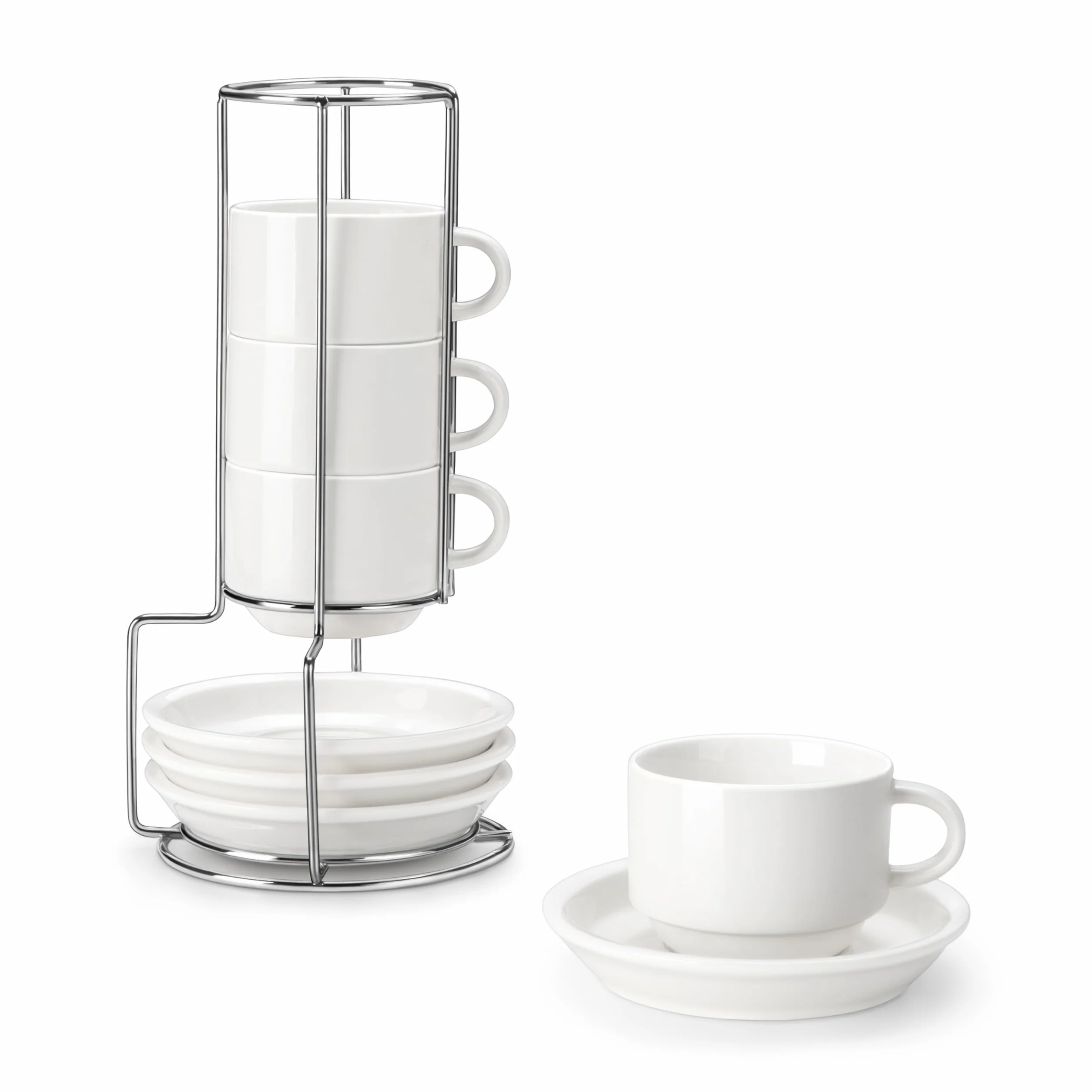 MALACASA REGULAR 4-częściowy zestaw filiżanek do kawy dla 4 osób, 150 ml, serwis do kawy z spodkiem i metalowym stojakiem, idealny do espresso, cappuccino, latte, moka i herbaty, biały