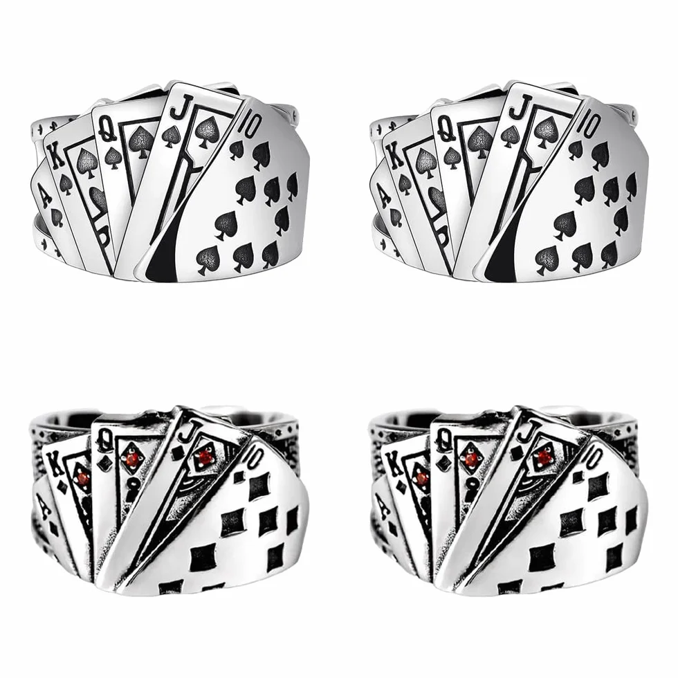 Vintage punk chunky pierścionki poker gotyckie srebrne serca k pik