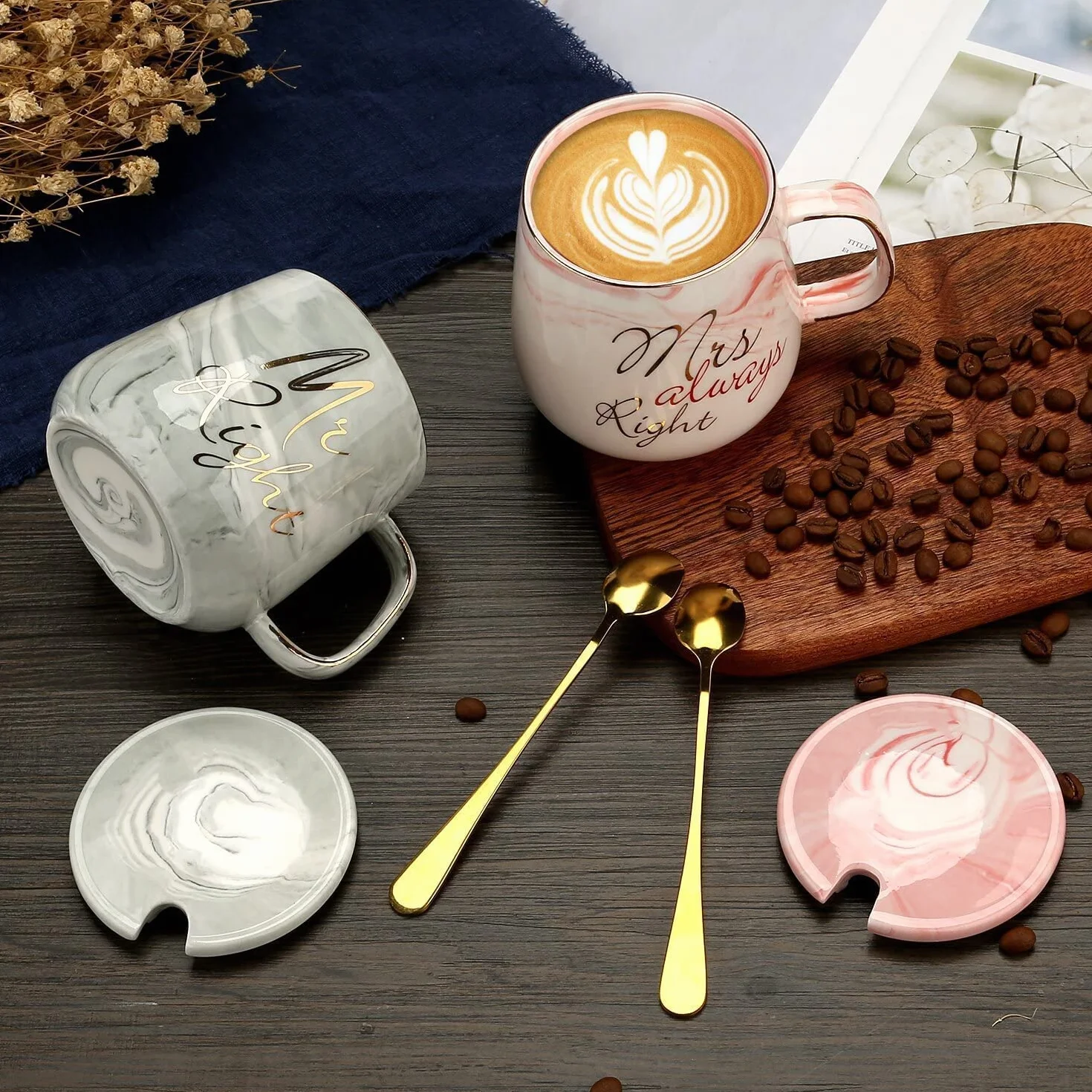 Mr Right and Mrs Always Right Ceramiczne Kubki Do Kawy Zestaw 2-13 Oz Para Filiżanka Herbaty z Pokrywką i Łyżką, Marmurowe Kubki Prezenty Ślubne dla Pary Młodej (Różowy, Szary)
