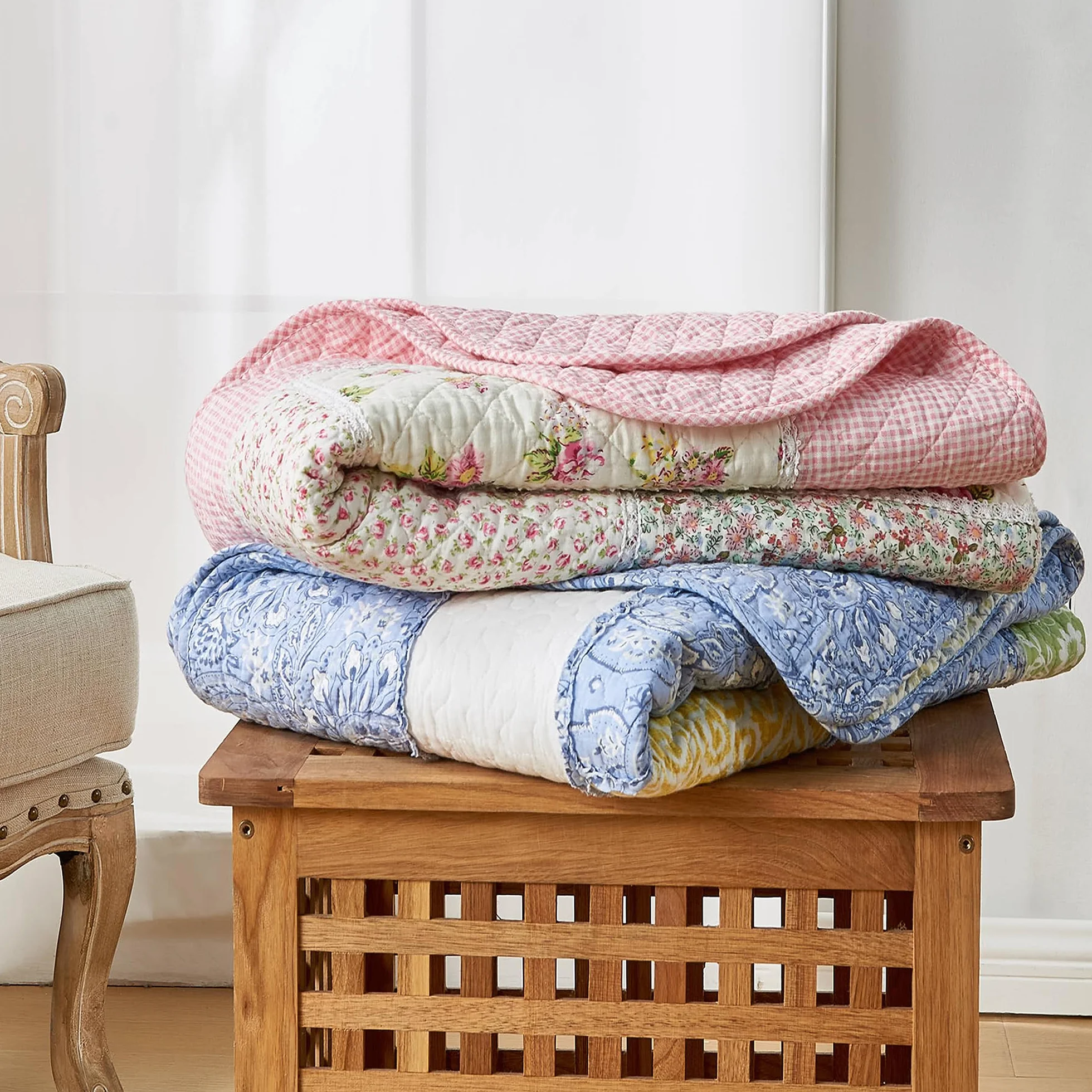 Cozyholy Oryginalna 100% Bawełniana Patchworkowa Kołdra Podwójna Niebieska Paisley Kwiatowa Narzuta Dwustronna Vintage Shabby Chic Pikowana na Kanapę Sofę