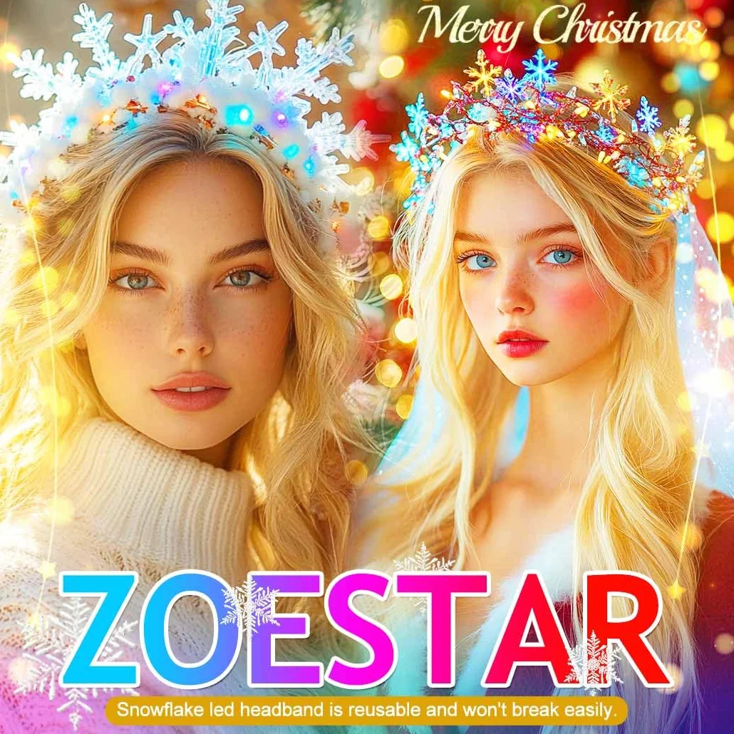 Zoestar Świecąca opaska na głowę w kształcie płatka śniegu biała LED świąteczne opaski na głowę pompony Boże Narodzenie nakrycie głowy festiwal kostium akcesoria do włosów dla kobiet