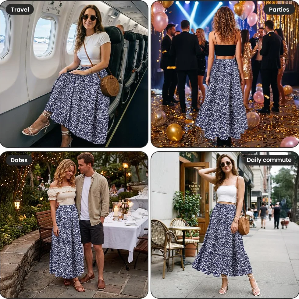 Aomig Długa spódnica damska, spódnice damskie w stylu vintage kwiatowy nadruk, elastyczne spódnice w kształcie litery A, spódnice damskie letnie eleganckie