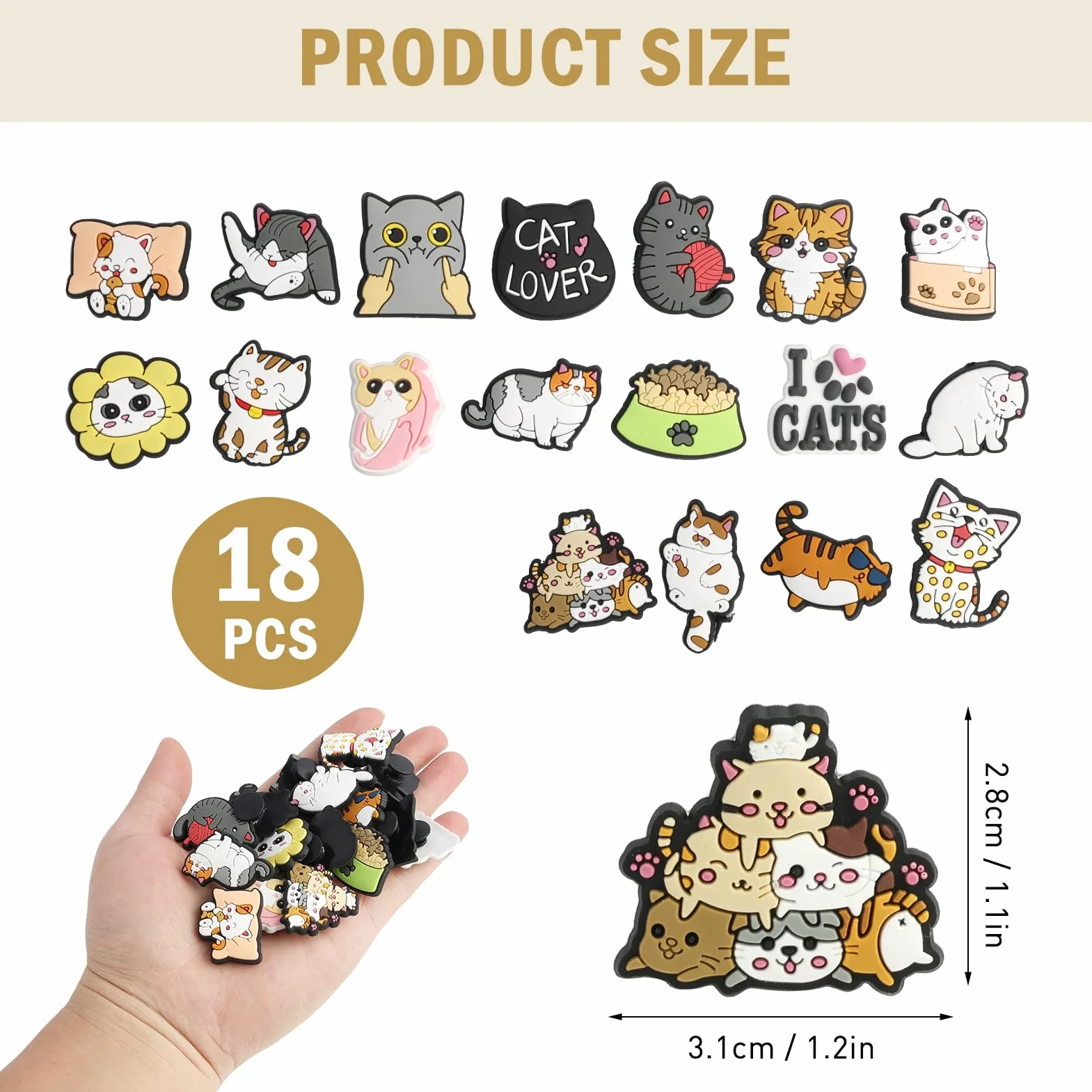 18 szt. Kreskówka kot buty charms szpilki do butów z PVC, DIY dekoracja dla dzieci, różne wzory, na imprezy i prezenty, wielokrotnego użytku i łatwe do przymocowania, non, PVC, Nie