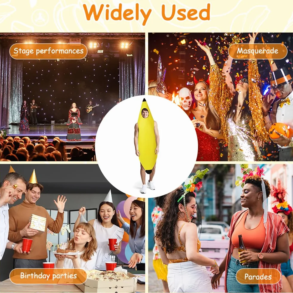 Kostium bananowy, zabawny kostium banana i 1 sztuka dmuchany banan, kostiumy owocowe dla dorosłych na Halloween, na imprezy tematyczne, Boże Narodzenie, cosplay, unisex