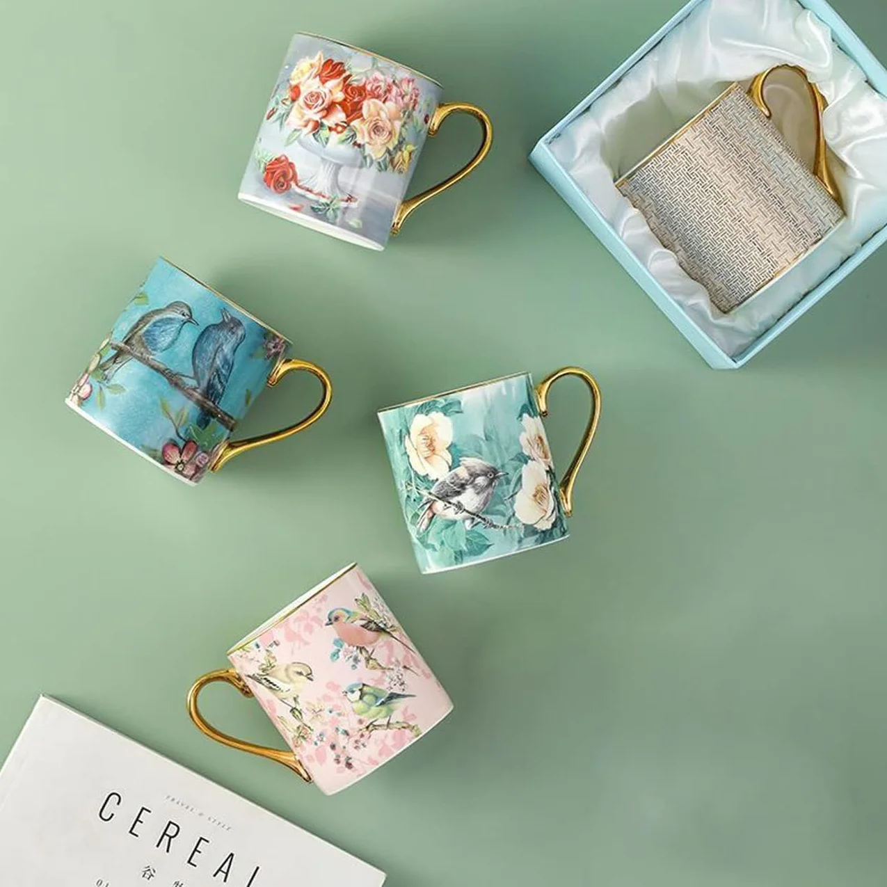 YBK Tech Porcelanowa Filiżanka do Herbaty z Porcelany Kostnej, 350 ml Kubek do Kawy - Wzór Ptaków (Różowy)