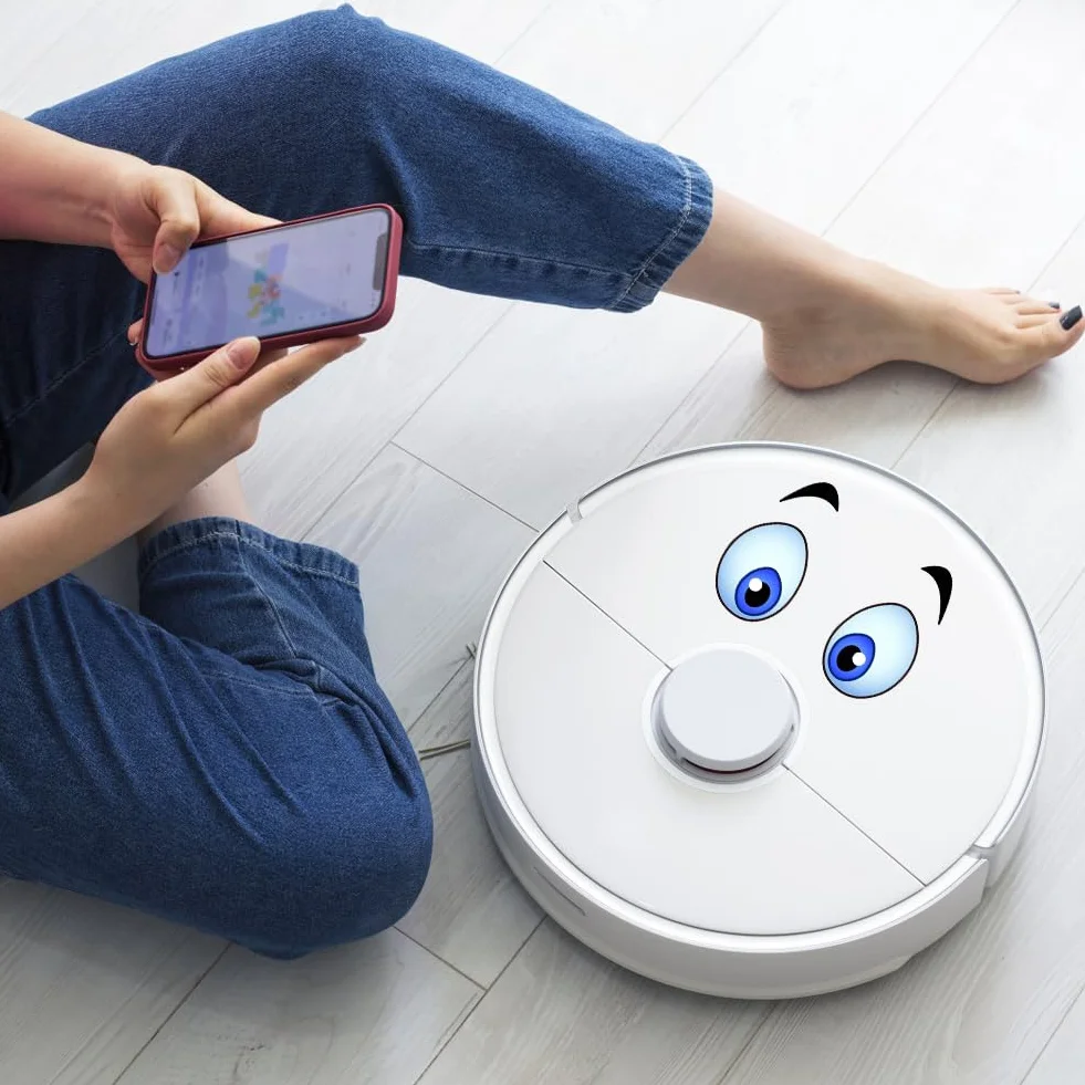 Wodoodporne naklejki na oczy kreskówkowe 2 sztuki dekoracyjne do robotów odkurzaczy koszących