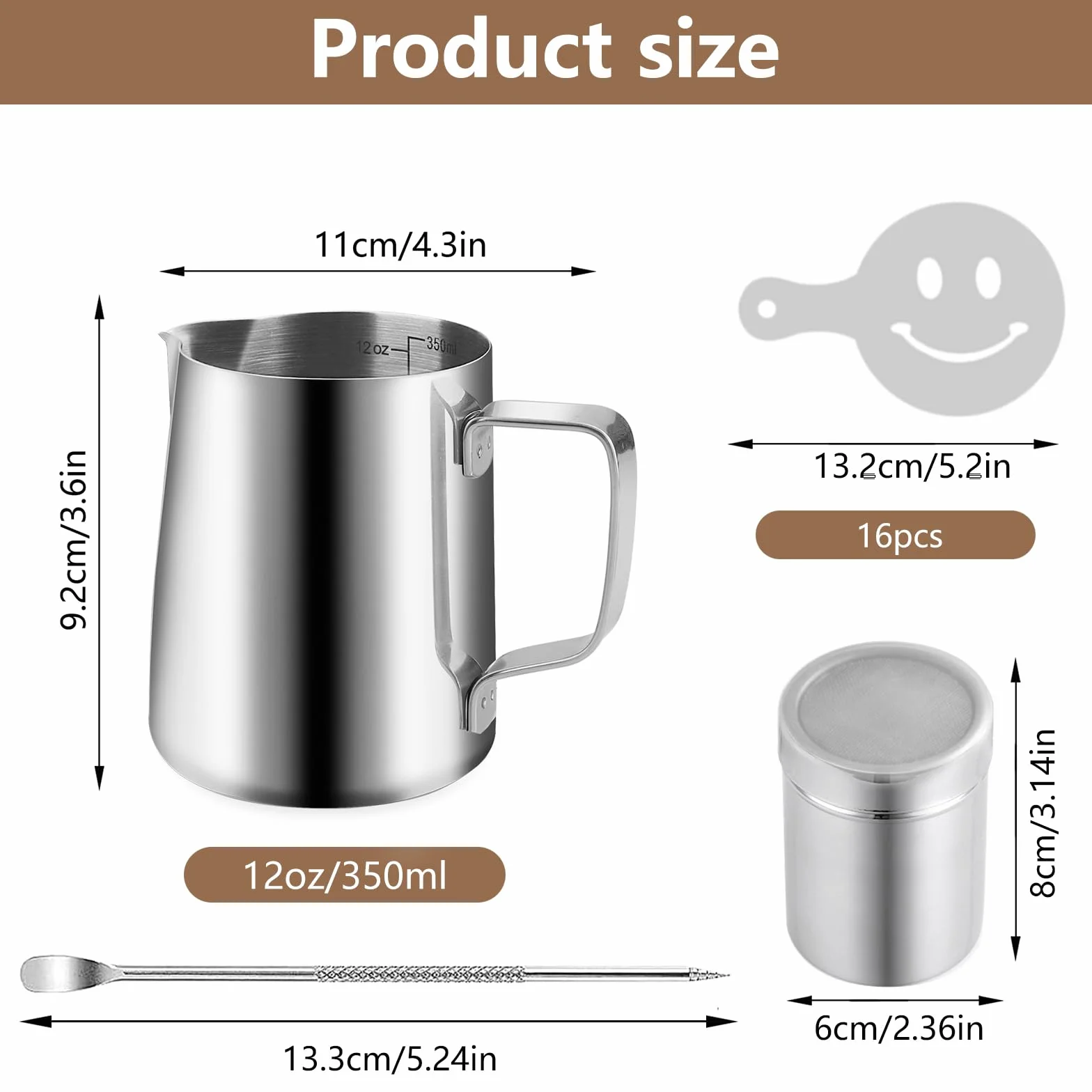 Dzbanek na mleko ze stali nierdzewnej 350 ml z oznaczeniem pomiarowym 16 szablonami i pisakami do espresso latte art