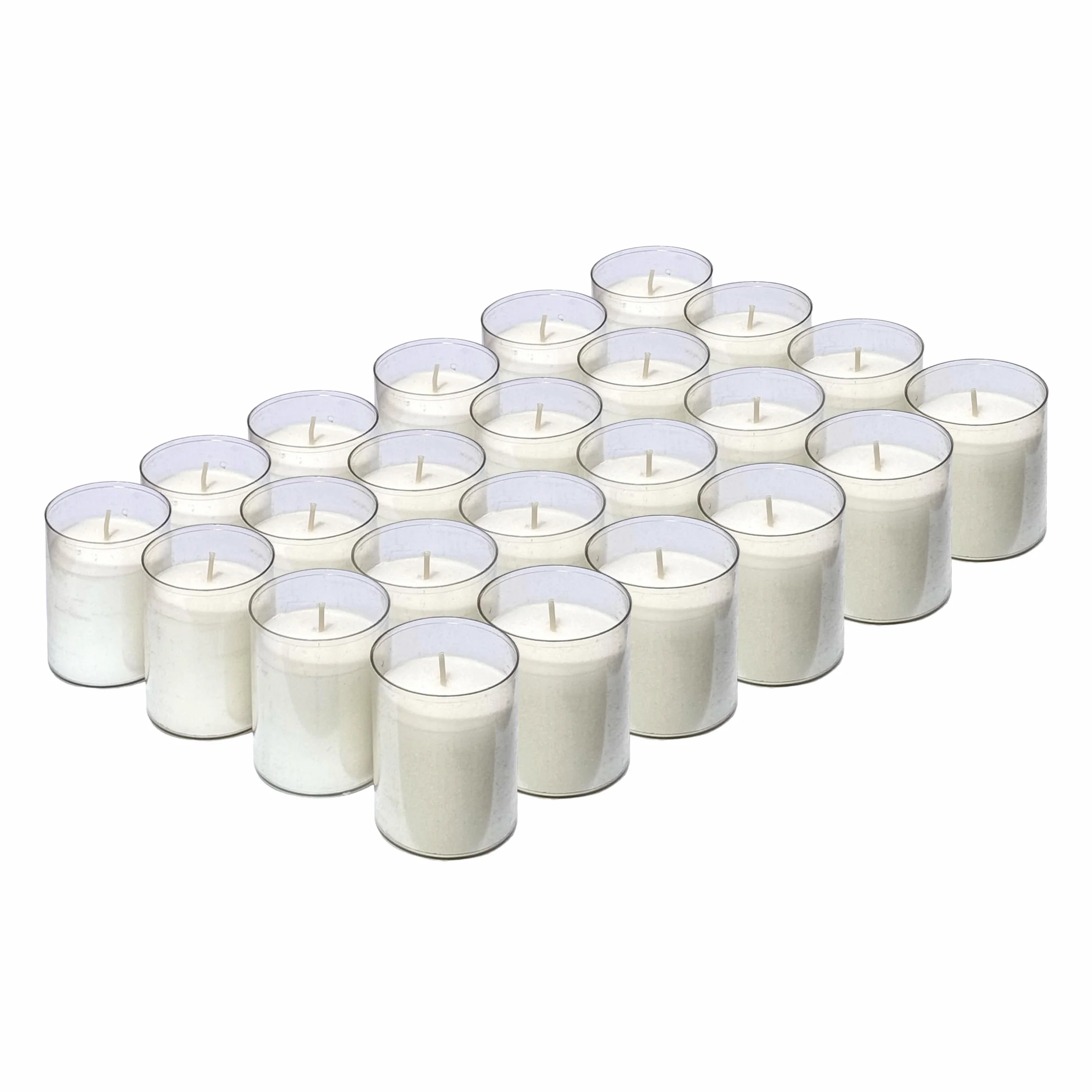 Horeca Candles Białe świece tealight czas trwania 24 godziny, zestaw 24 świec zapachowych, przezroczysty plastikowy kubek, podgrzewacze na wesele, do dekoracji, dla gastronomii