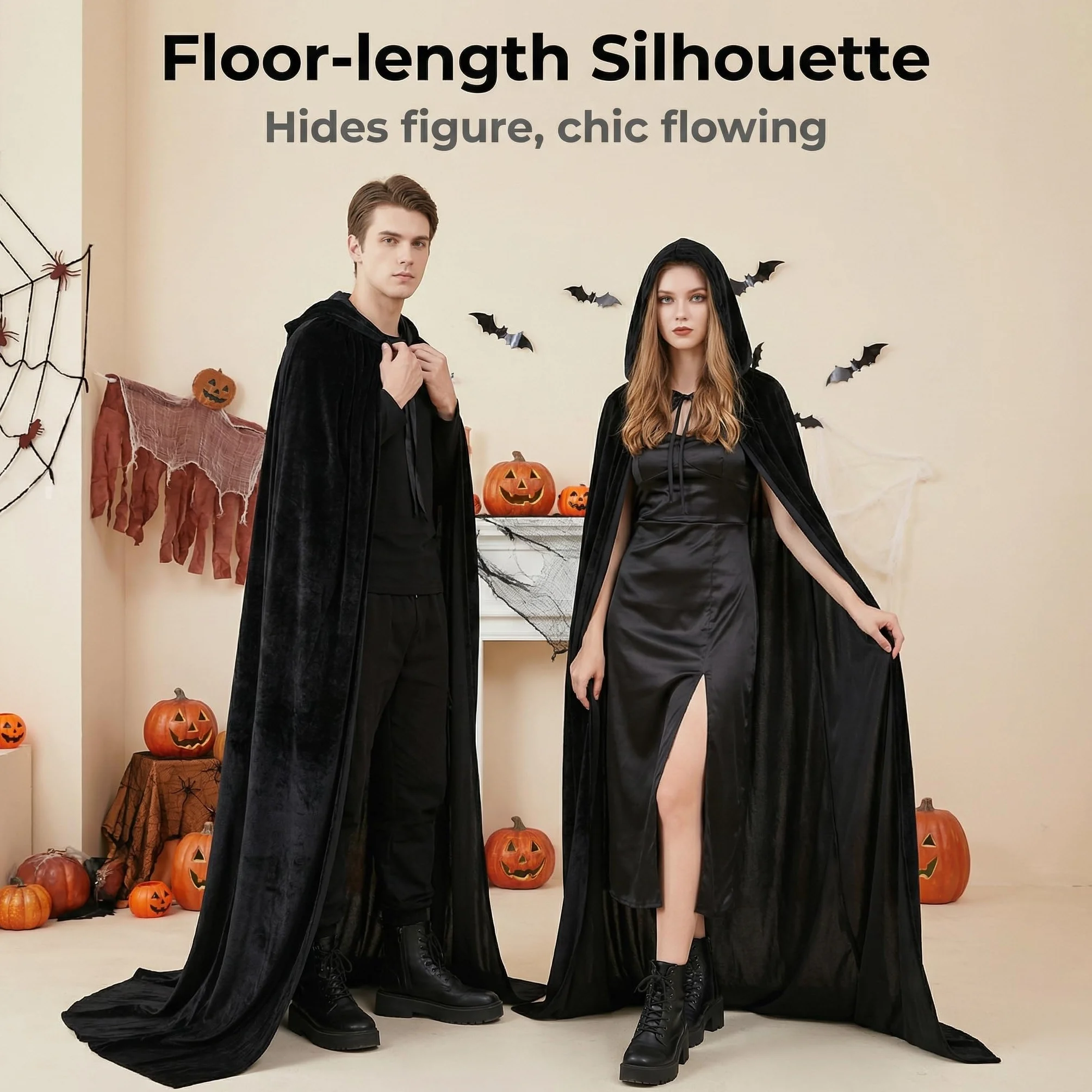 Proumhang Czarny Płaszcz z kapturem Długi aksamit Dla dorosłych Unisex Fancy Dress Kostium Halloween Boże Narodzenie-170cm