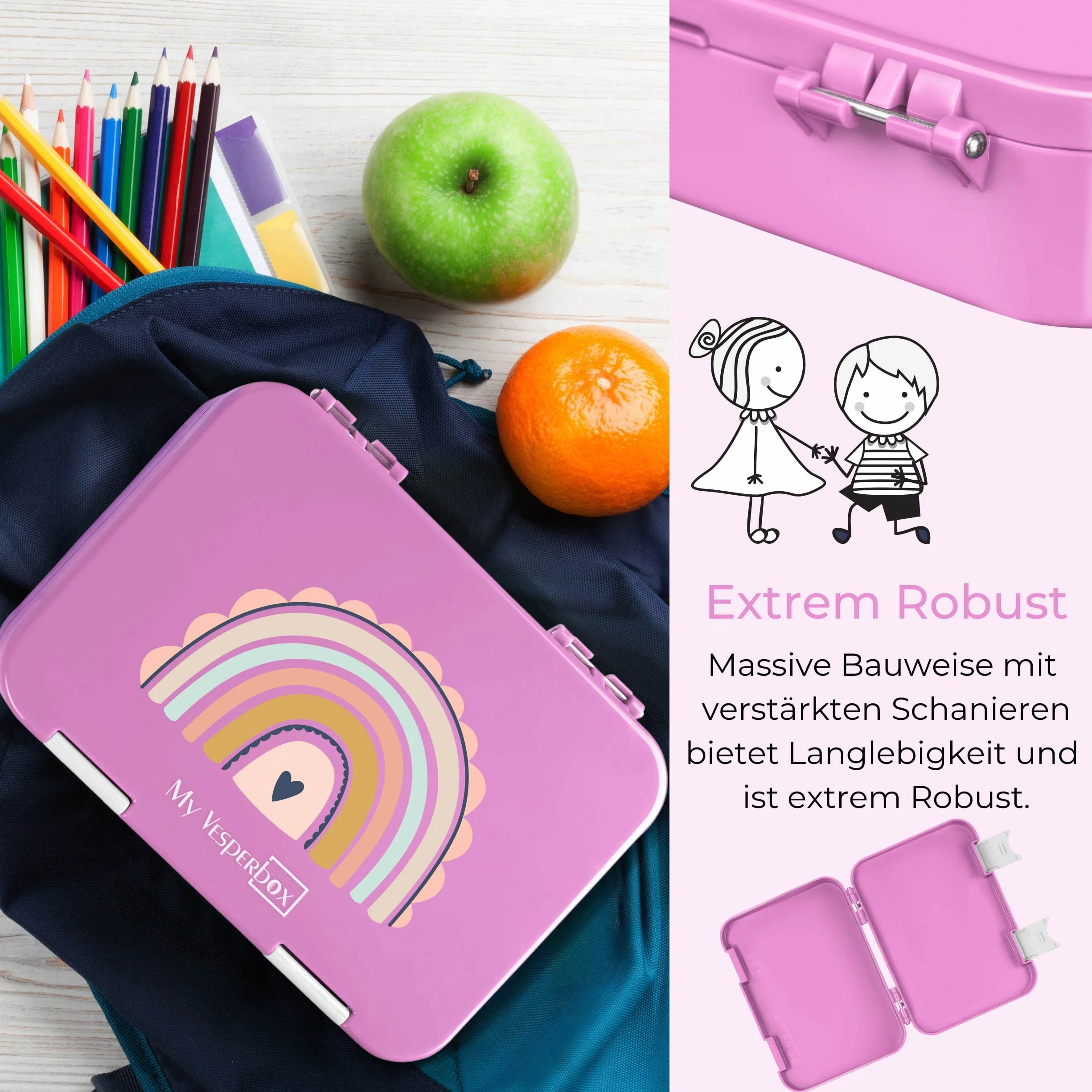 My Vesperbox Len Bento Box pudełko na lunch dla dzieci, 4 + 2 przegródki, bardzo wytrzymałe pudełko na kanapki, idealne do przedszkola i szkoły (różowy, tęcza)