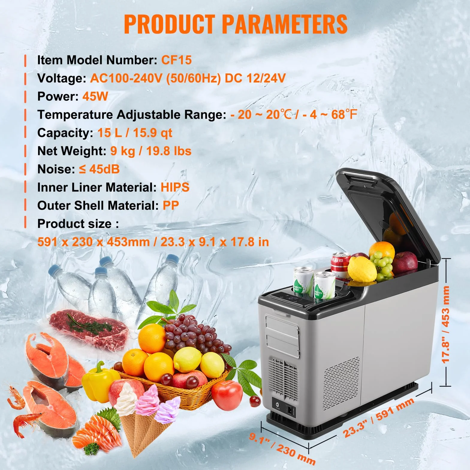 VEVOR Lodówka samochodowa 12V 15L przenośna zamrażarka -20°C do 20°C 12/24V DC 100-240V AC