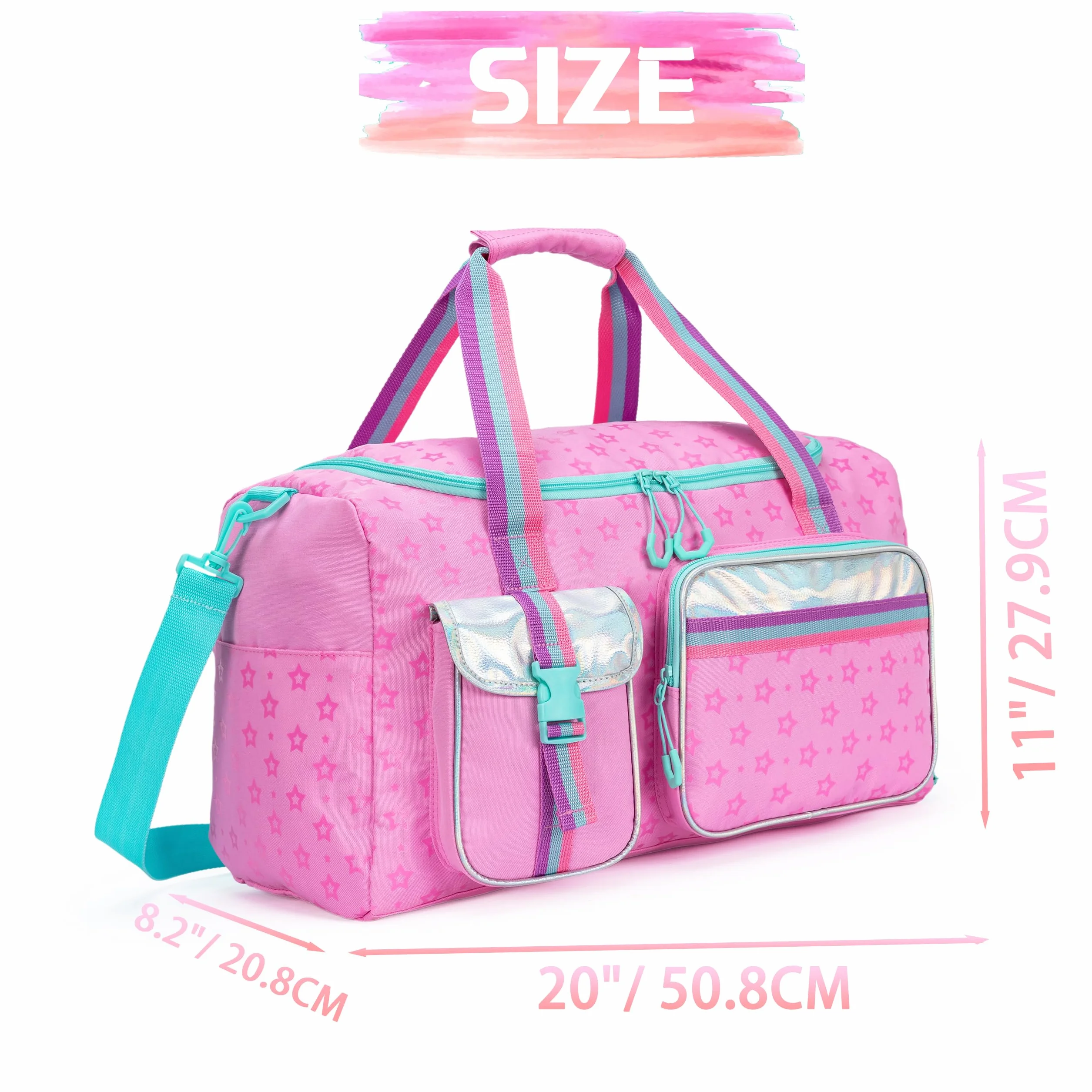 HTgroce Torba sportowa dziewczęca torba na basen torba podróżna weekend plaża piłka nożna siłownia z przegrodą na buty, Różowa gwiazda, 55 * 27 * 22 CM, Torby podróżne
