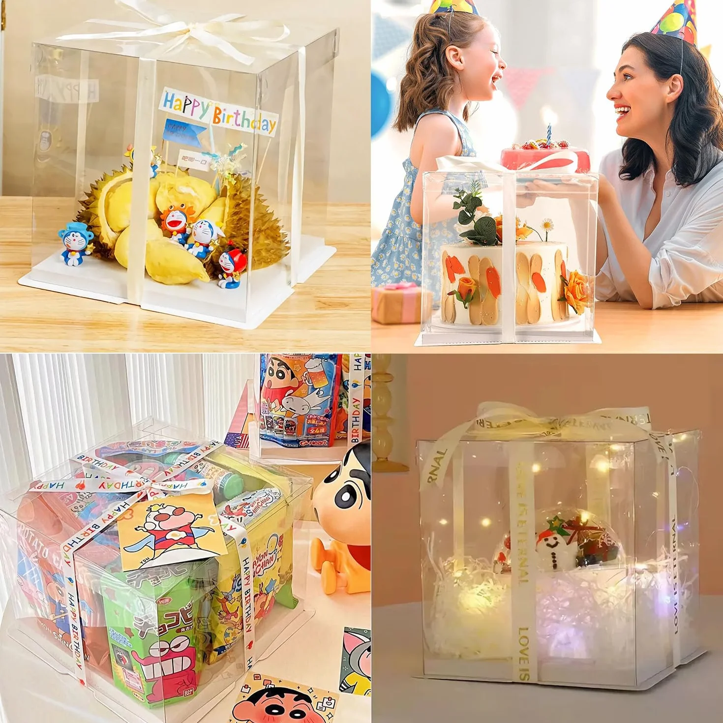 Pudełka na tort 30x30x25 cm przezroczyste z cokołem i wstążką