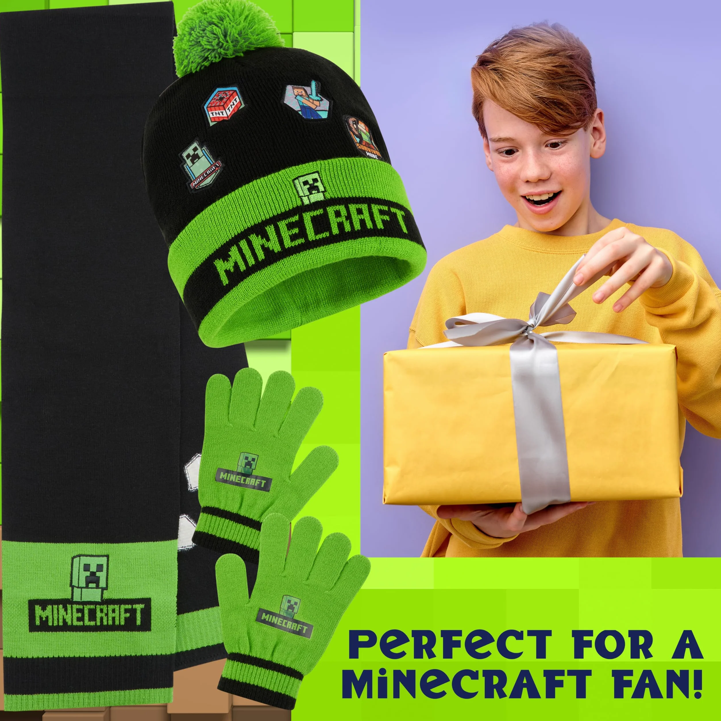 Minecraft Czapka beanie, szalik i rękawiczki, zestaw dla chłopców i dziewcząt