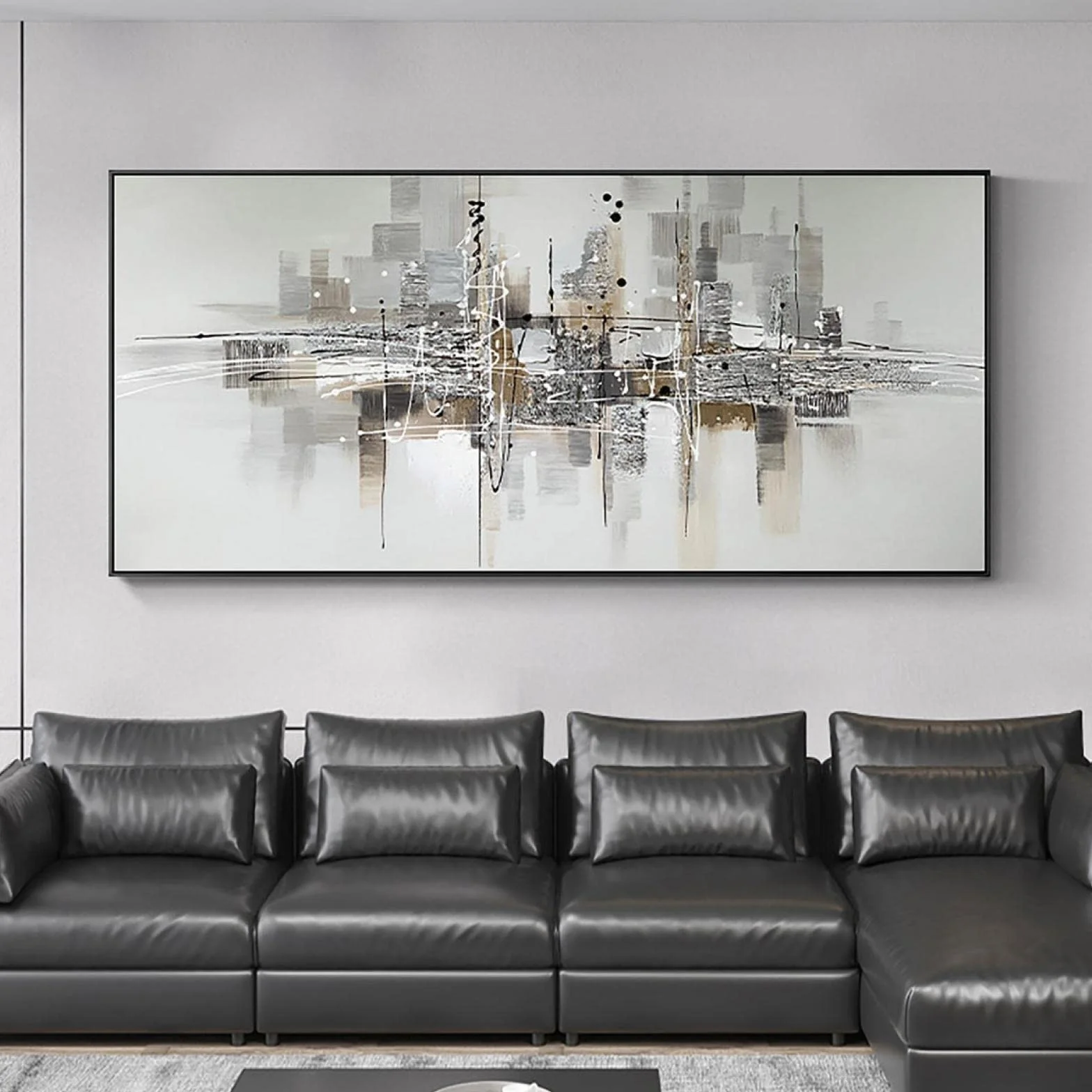 ZHMANLUCK Obrazy do salonu i sztuka ścienna, bardzo duży obraz olejny, szary obraz abstrakcyjny, czarno-biała sztuka ścienna, dekoracja domu, 75 x 152 cm (30 x 60 cali) z czarną ramą
