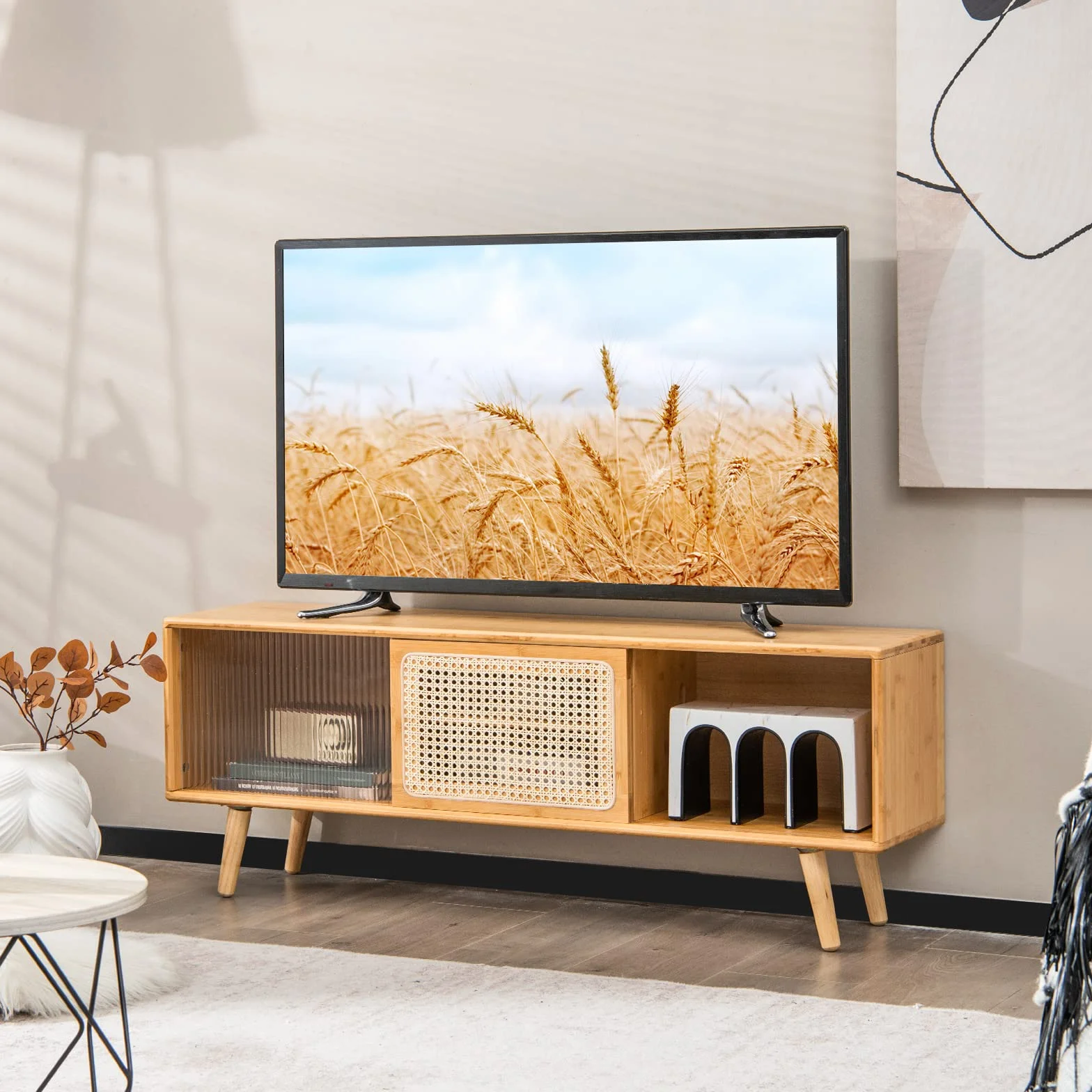 COSTWAY Stojak na telewizor Szafka telewizyjna do 55 cali z 2 przesuwanymi drzwiami