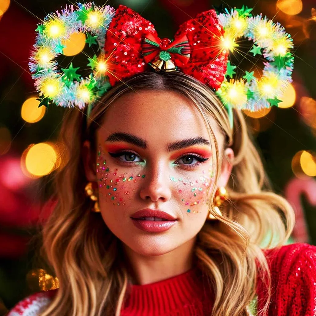 Zoestar Świecąca opaska na głowę LED opaska na uszy mysz Boże Narodzenie kokarda obręcz do włosów kostium festiwal akcesoria do włosów dla kobiet (czerwona zieleń, jeden rozmiar)