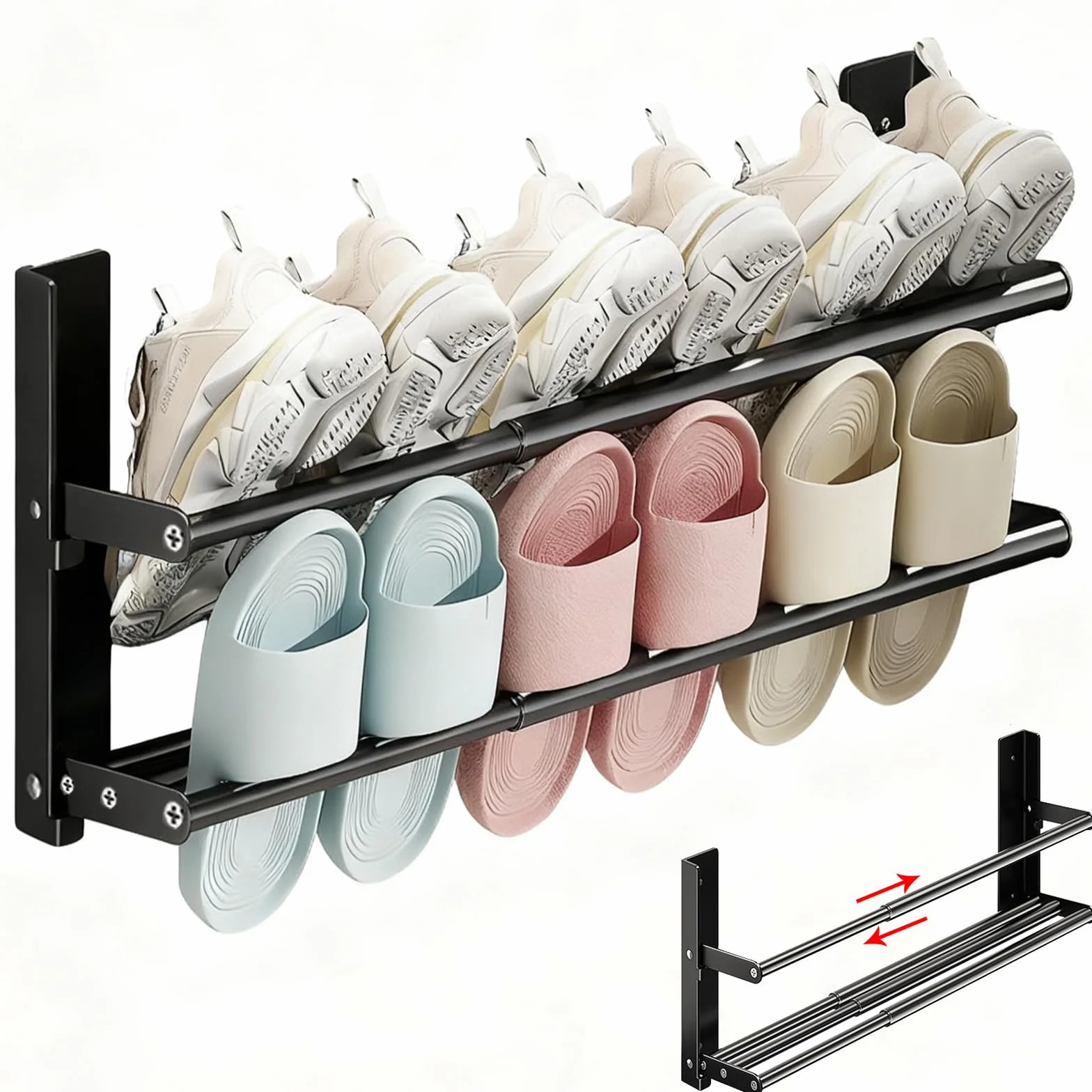 Regał na buty, ścienny, wąski, metalowy czarny, 2 poziomy, 37-67 cm, wysuwany, oszczędność miejsca na 6 par butów, organizer na buty do kampera, korytarza, łazienki