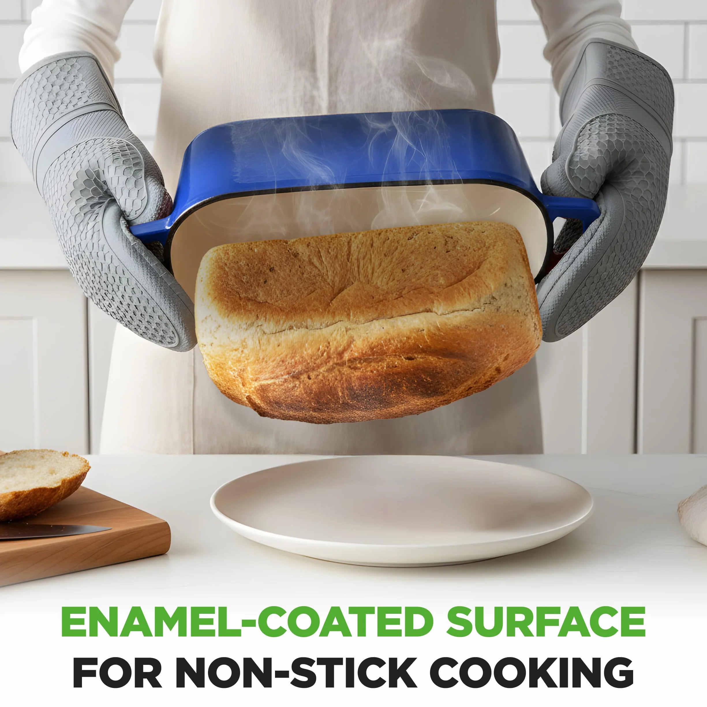 NutriChef 10" emaliowana żeliwna forma do chleba z pokrywką, owalna forma typu Dutch oven z silikonowymi rękawicami, odporna na temperaturę do 260°C, do pieczenia, pieczenia mięs, duszenia, niebieska
