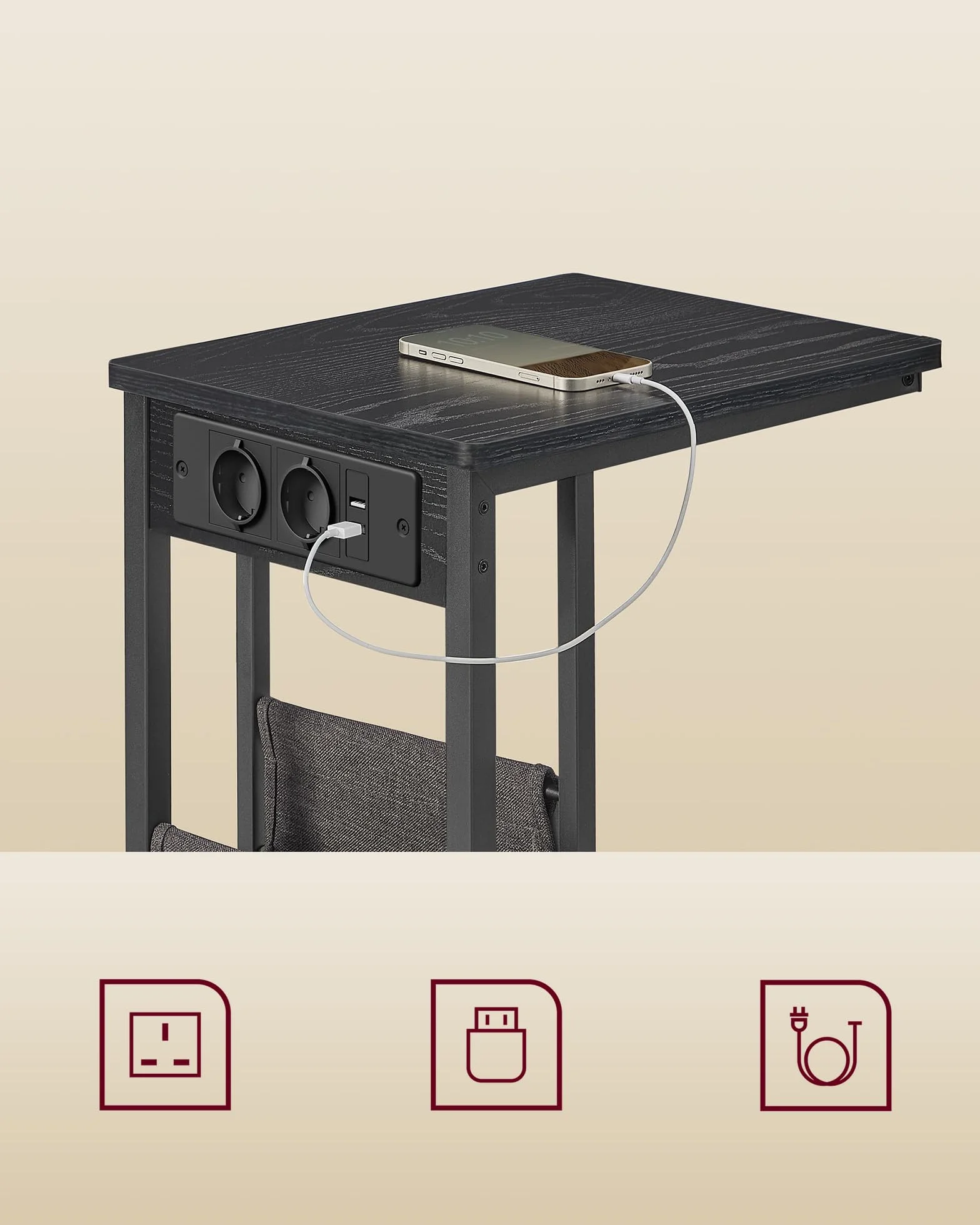 VASAGLE Stolik boczny, stolik nocny z gniazdkami, kształt C, stolik kawowy do małych przestrzeni, 2 porty USB, 2 gniazda AC, torba do przechowywania, regulowane nogi, heban LET356B02V1